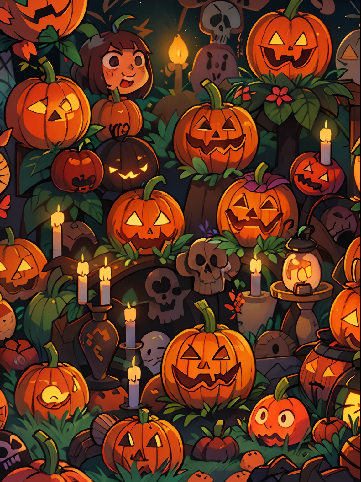 jack-o'-lantern glowing, halloween texture, pattern, pumpkins, darkness, skulls, graveyards, candles