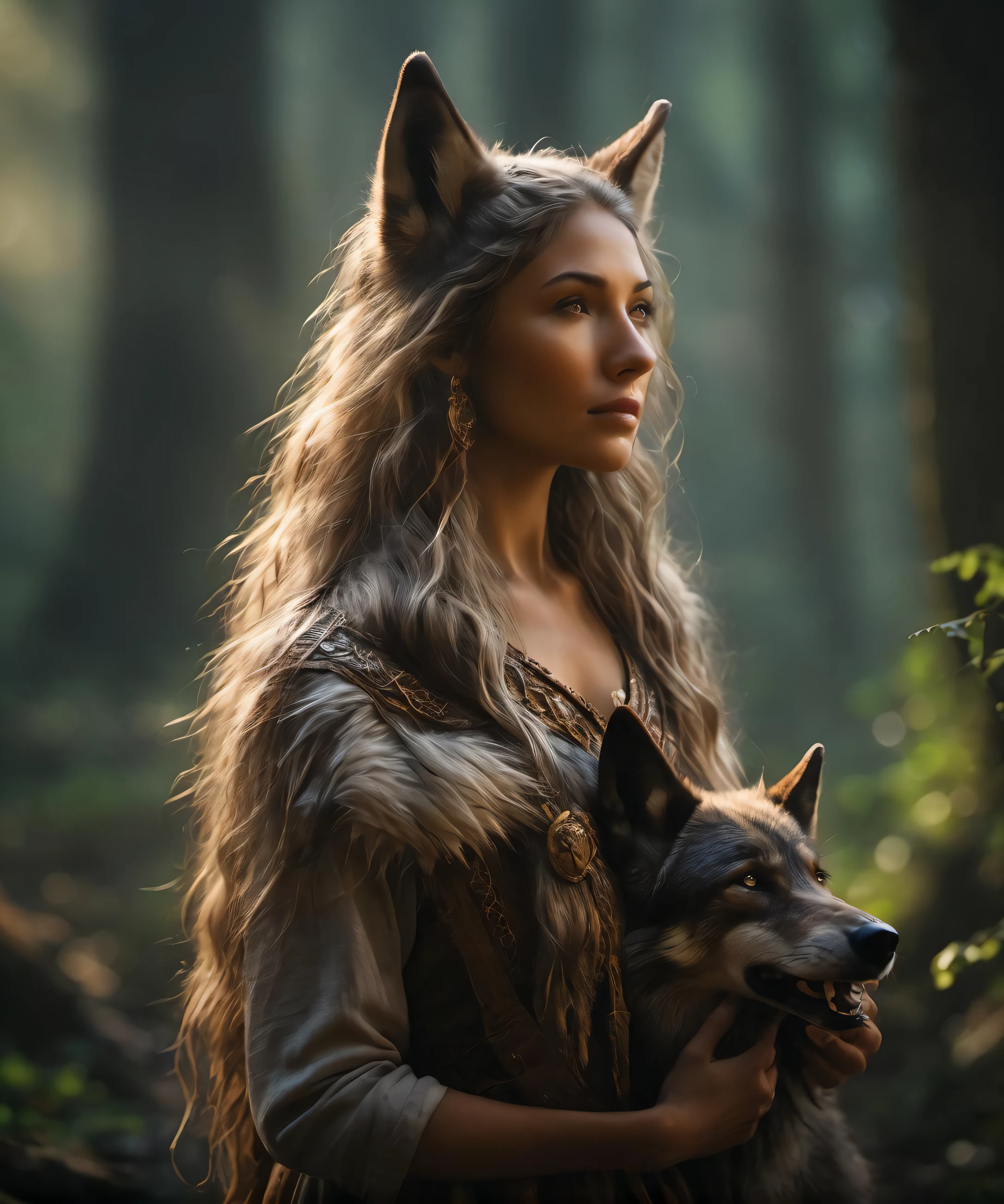 (Beautiful druid girl:1.3) hugging a wolf (extremely detailed CG unity 8k wallpaper,masterpiece, best quality, ultra-detailed, beautiful detailed eyes:1.2),best illumination, (best shadow, an extremely delicate and beautiful, bloom), masterpiece, best quality:1.1, realistic:1.3, cinematic lighting:1.2, in the dark cavern:1.5, ultra photoreal, photorealistic:1.0, sharp focus:1.1, depth of field:1.1, 50mm, style of Nathan Wirth, Hasselblad X1D II, Porta 160 pointy ears, elf
