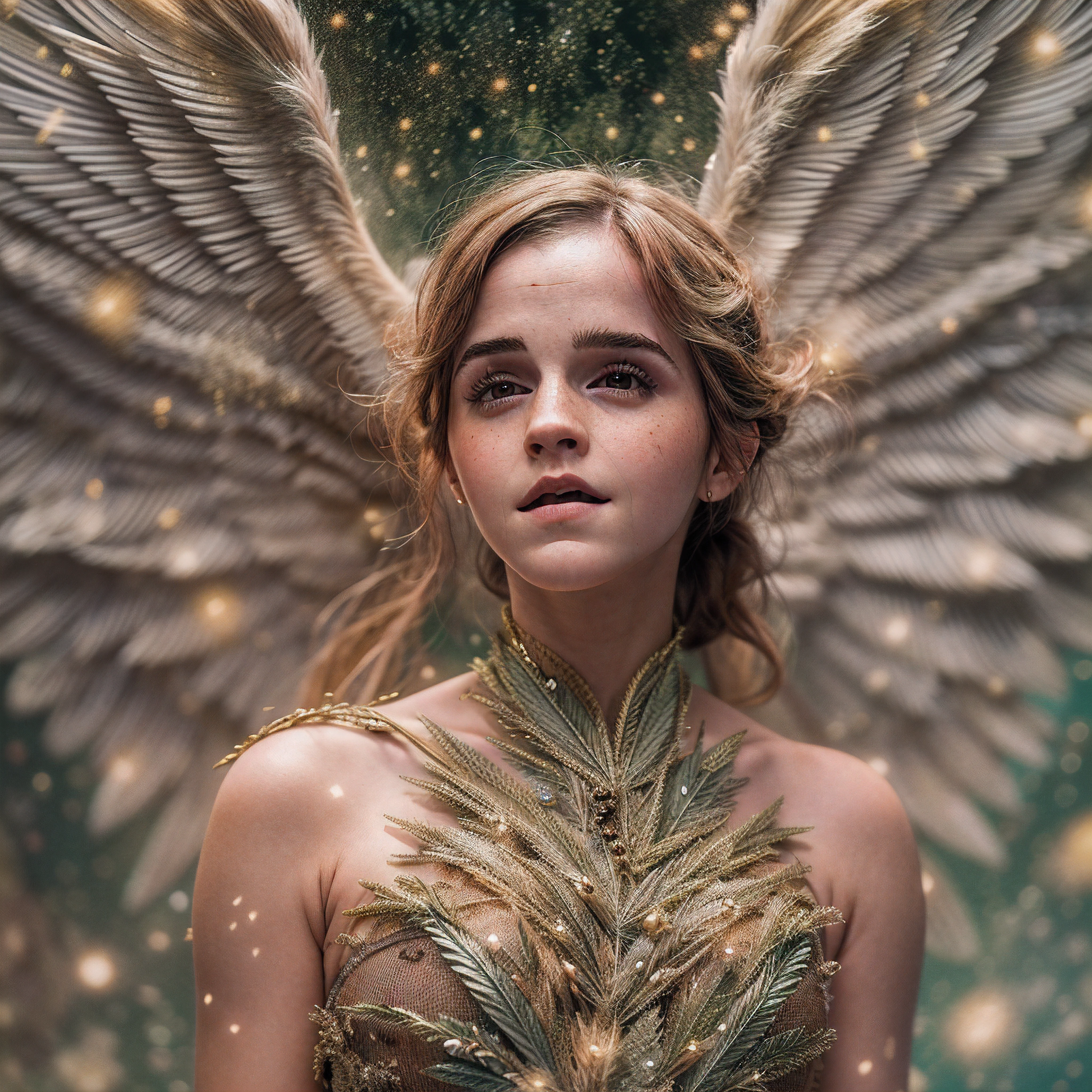 (masterpiece), (best quality:1.4), absurdres as Naked Emma Watson age 30, [:intricate details:0.2], Naked Emma Watson age 30 as angel, gigantic angel wings made from marijuana, milky way, sky, shimmering aura, intense focus, crackling energy, mysterious symbols, sparkling motes,