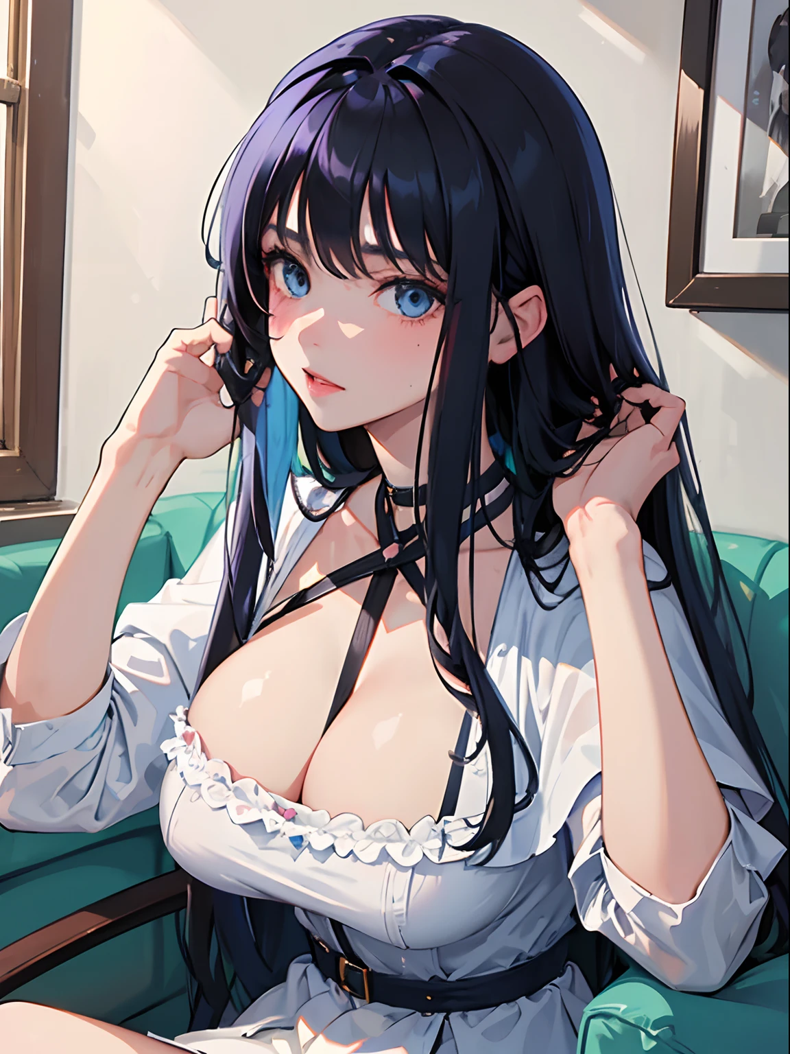 Best Quality, Masterpiece: 1.2, Ultra Detail, (Portrait), (Highest Detail Face: 1.2), 1girl, Long hair, Black hair, inner blue hair, blue eyes, big breasts