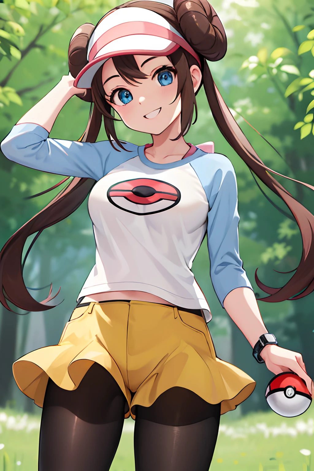 masterpiece, best quality, highres, ro1, hair bun, blue eyes, twintails, visor cap, pantyhose, raglan sleeves, yellow shorts, shirt, pink bow, wristwatch, standing, cowboy shot, field, poke ball \(basic\), smile