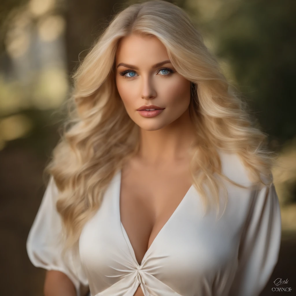 bright blonde hair, blue eyes, medium to large breast size, corinna kopf, natural makeup, ultra-realisitic