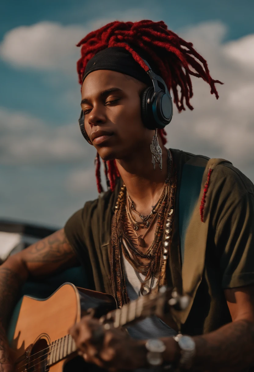 Mixed race dark light skinned masc nonbinary stoner with red and black dreads/locs standing up with a electric guitar a baggy short sleeve shirt and cargo pants with headphones around their neck and a beanie with a lot of necklaces and face piercings