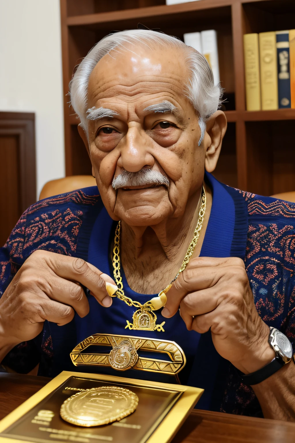 um senhor velho de aproximadamente 80 anos, usando corrente de ouro, em uma bela casa rica.