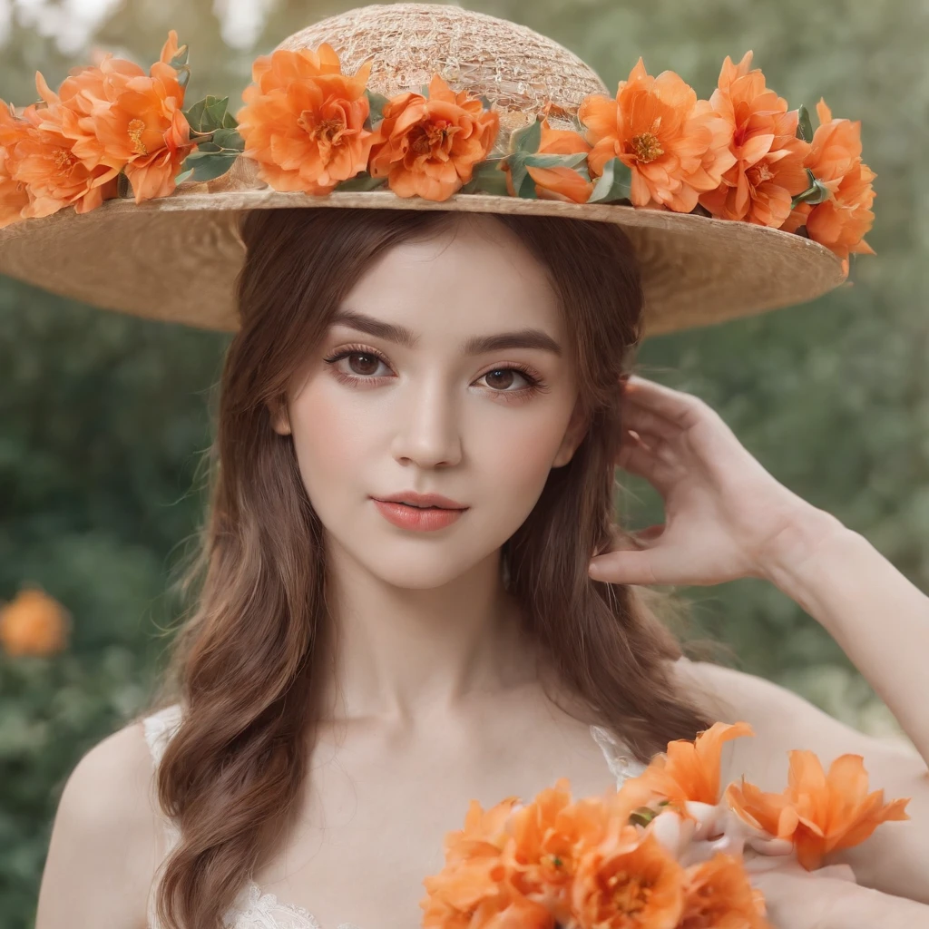 hight resolution, ultra-detailliert, 1girl in, 独奏, Extremely detailed eye, florals, Hats, hair ornaments, jewelries, Straw hat-fedora, looking at the viewers, sunglasses, hat flower, Hair clips, 耳环, red flowers, Tinted glasses, Yellow flowers, quiff, orange flower, circlet, Cup, hairlong, Orange glasses, brown-haired woman, Portraiture,