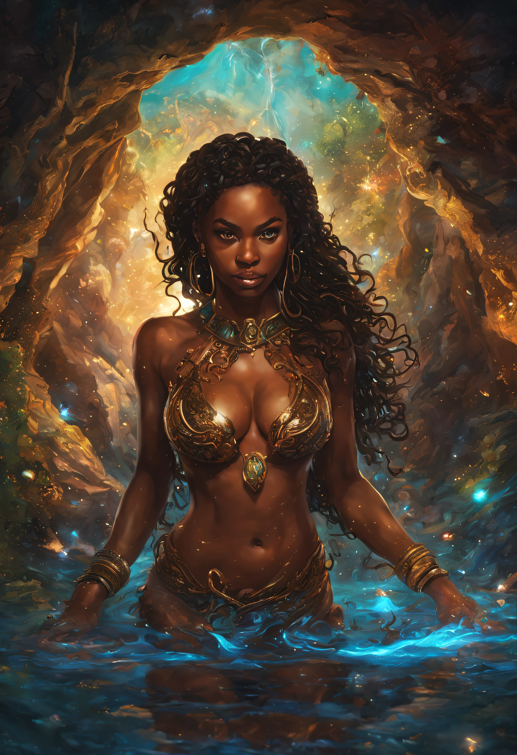 a beautiful brown skinned ebony goddess emerges from a cave’s pool of swirling magical water, glowing, colorful runes, diodes, sparkling, detailed face, highly detailed, sharp focus, intricate details, highly detailed, by RossDraws and Artgerm, intricately detailed 8k resolution concept art by Greg Rutkowsk