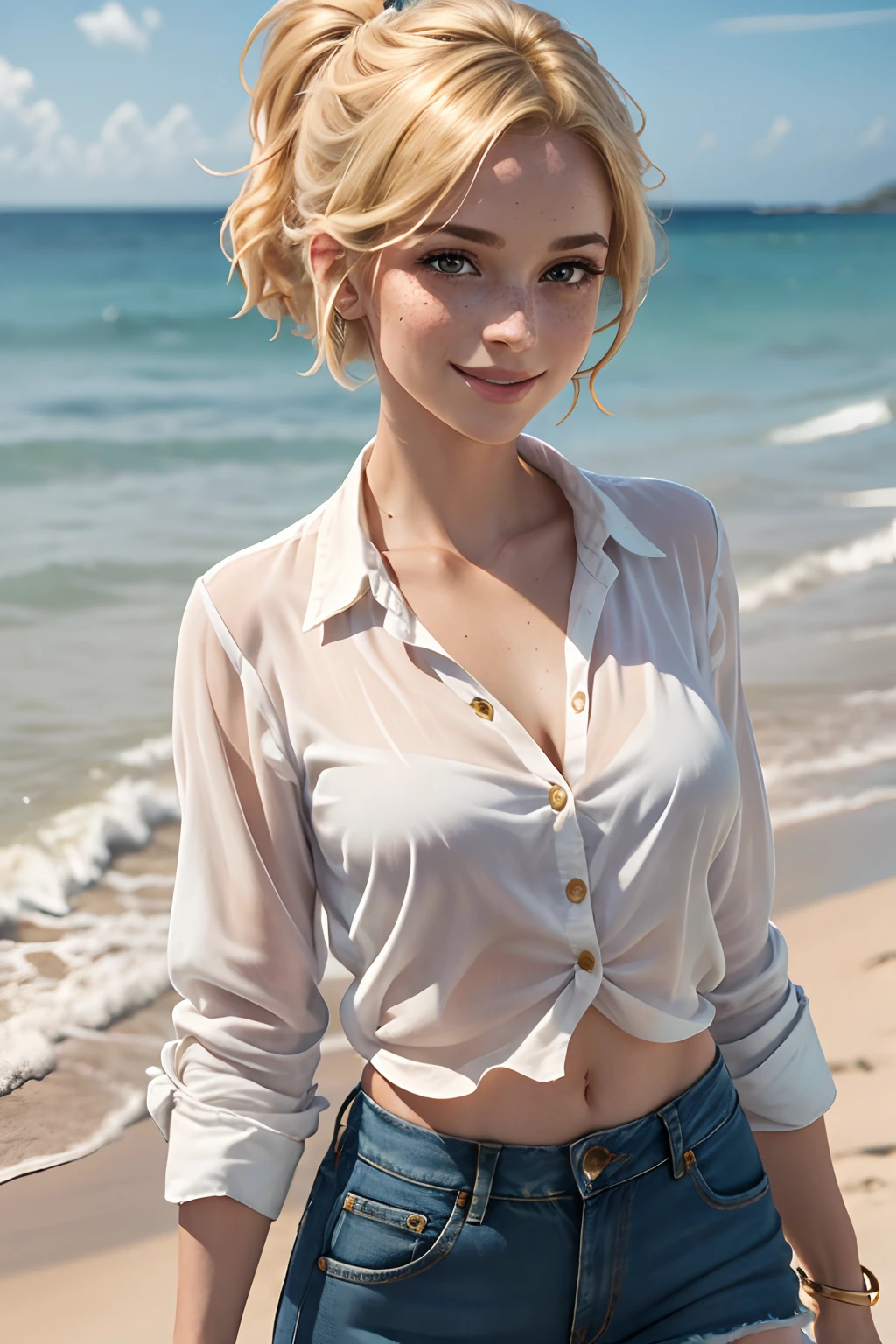 Best Quality, Ultra High Definition, (Photorealistic:1.4),Sunset Light, Ponytail, australian Women, Detailed Photo, Smiling, Sexy, Freckles, side on to camera Camera, Close-up (Masterpiece: 1.3), (8K, Photorealistic, Best Quality: 1.4), (1girl), Beautiful Face, (Realistic Face), (Blonde Hair, Short Hair: 1.3), Beautiful Hairstyle, Realistic eyes, beautiful detail eyes, (realistic skin), beautiful skin, (gold bikini, denim skirt, undone white cotton buttonup blouse), absurd, attractive, ultra high resolution, ultra realistic, high definition, golden ratio (walking on beach)