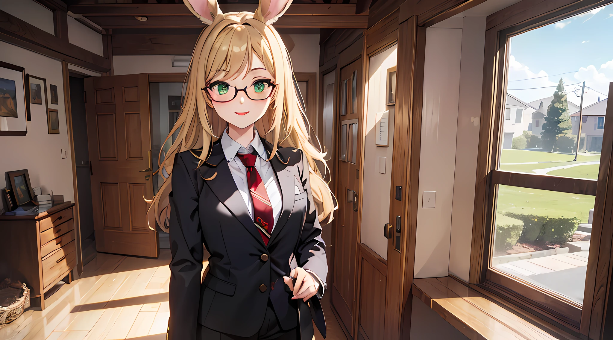 (Masterpiece, Best Quality, Very Detailed CG, Intricate Details: 1.2), 8k Wallpaper, Masterpiece, Best Quality, Award-Limited, High Quality, Super Detail, High Detail, Textured Skin, Cute, UHD, Anatomically Correct, pretty girl, bunny ears, viera, long blonde hair, smiling face, light freckles, tall, green eyes, perfect eyes, shirt and jacket and tie, black pants, eyeglasses, black eyeliner, red lipstick