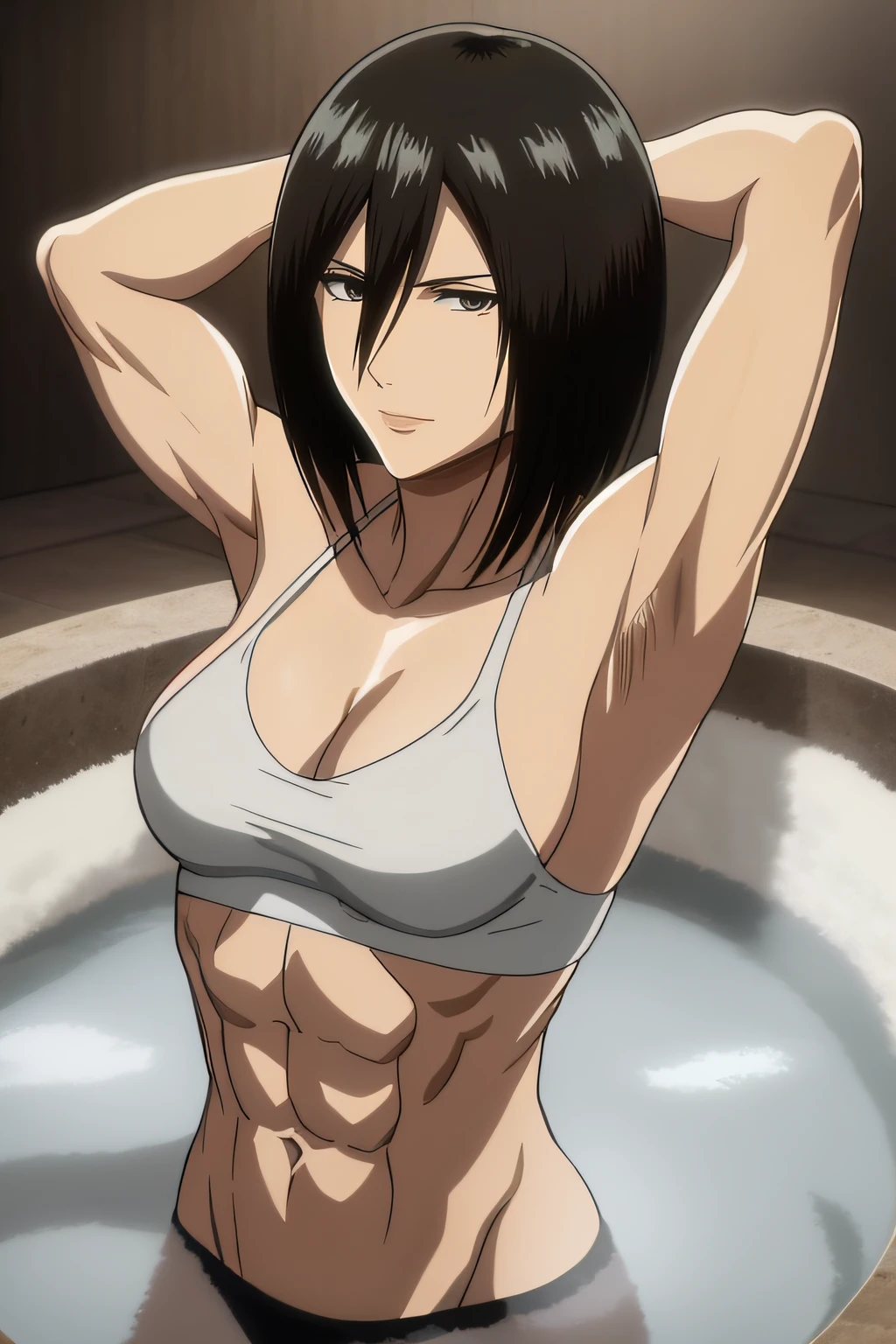 deslumbrante, armpits, detalles intrincados, 1girl, Mikasa Ackerman, (cabello negro:1.3), pelo entre los ojos, pelo corto, patillas, labios, cerrar, solamente, labios, Obra maestra, La mejor calidad, , bathing, pezon, ojos negros, , black eyes, muscle, medium breasts, sonrisa, muscular, musculoso femenino, ABBS, musculatura, , desnudo
