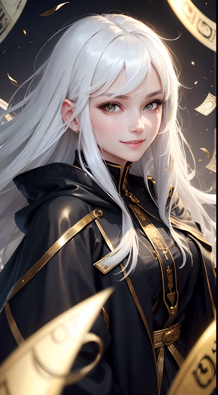 best quality, white hair, gold eyes, black clothes, hair strand, Fair skin, smiling, money