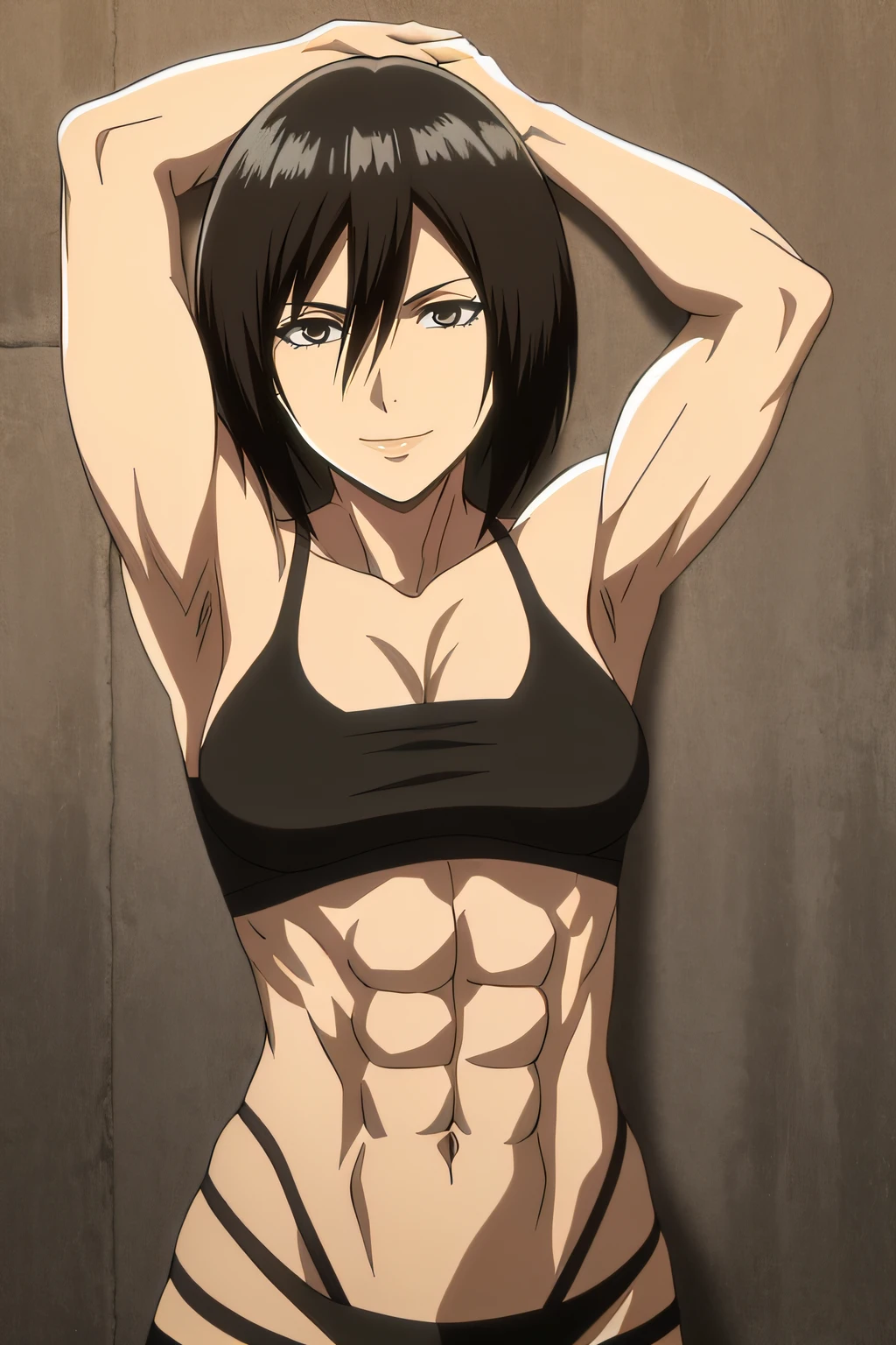 deslumbrante, armpits, detalles intrincados, 1girl, Mikasa Ackerman, (cabello negro:1.3), pelo entre los ojos, pelo corto, patillas, labios, cerrar, solamente, labios, Obra maestra, La mejor calidad, , bathing, pezon, ojos negros, , black eyes, muscle, medium breasts, sonrisa, muscular, musculoso femenino, ABBS, musculatura, , desnudo