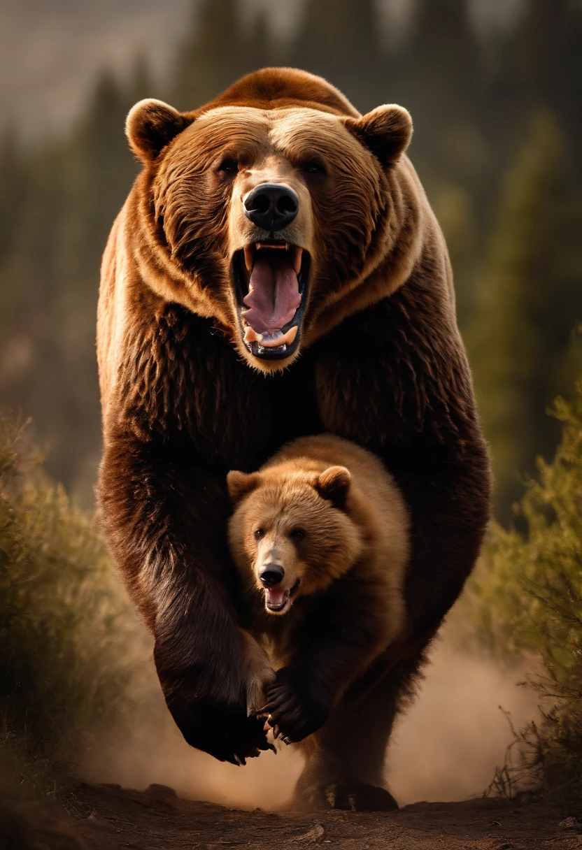 (best quality,ultra-detailed,realistic:1.37),Steve Harvey fighting a bear,brave encounter,thrilling struggle,strong determination,fierce battle,blazing courage,adrenaline rush,action-packed scene,explosive confrontation,ferocious conflict,high-intensity clash,unyielding fight,live-or-die situation,epic struggle for survival,wilderness showdown,unpredictable outcome,powerful beast,formidable opponent,majestic bear,imposing presence,sharp claws and teeth,roaring wild beast,muscular physique,piercing eyes,mighty roar,unstoppable force,unbreakable spirit,heroic stance,swift and agile,expressive face,exciting combat scene,dramatic lighting,elevated heart rate,detailed fur and muscles,dynamic composition,impressive background,natural beauty,action movie blockbuster,captivating moment.