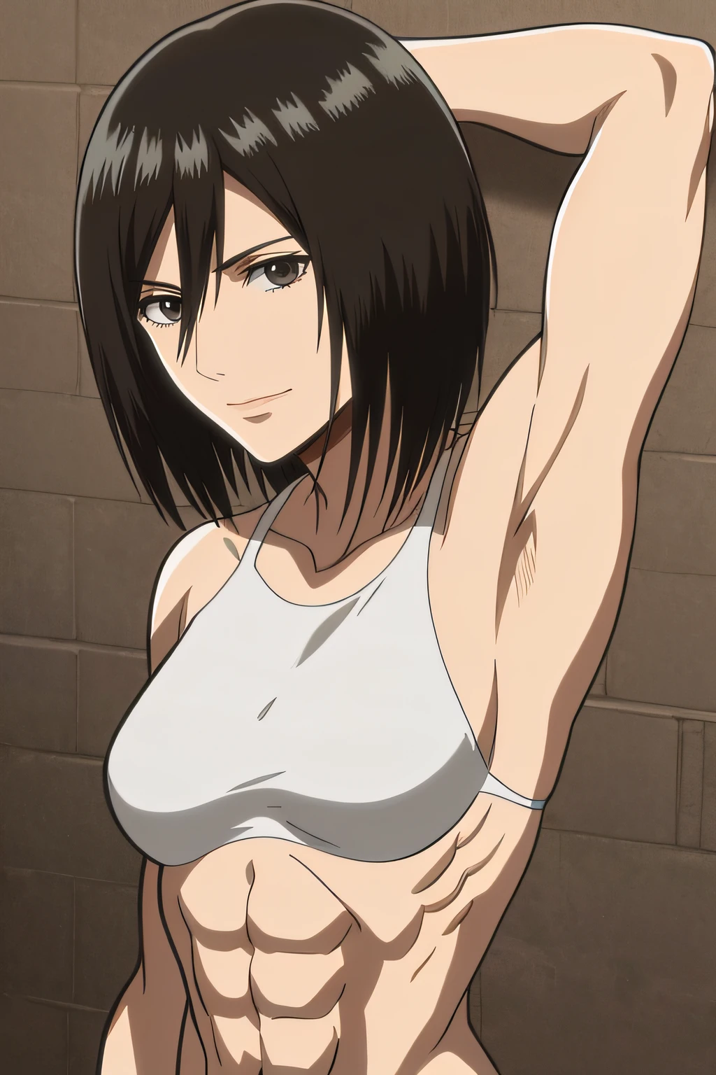deslumbrante, armpits, detalles intrincados, 1girl, Mikasa Ackerman, (cabello negro:1.3), pelo entre los ojos, pelo corto, patillas, labios, cerrar, solamente, labios, Obra maestra, La mejor calidad, , bathing, pezon, ojos negros, , black eyes, muscle, medium breasts, sonrisa, muscular, musculoso femenino, ABBS, musculatura, , desnudo