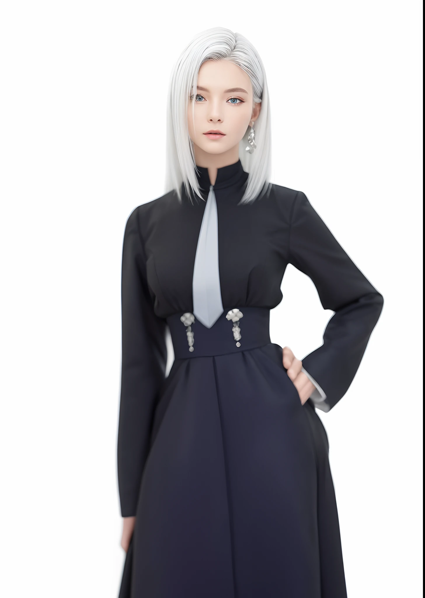 High quality image, masterpiece, detailed hair texture, detailed skin texture, detailed cloth texture, 8k, add fabric details, ultra detailed skin texture, ultra detailed photo, skin pores, cloth details, high skin details, realistic hair details, 1girl with white hair and blue eyes in a black dress, full body!!, white haired lady, a silver haired mad