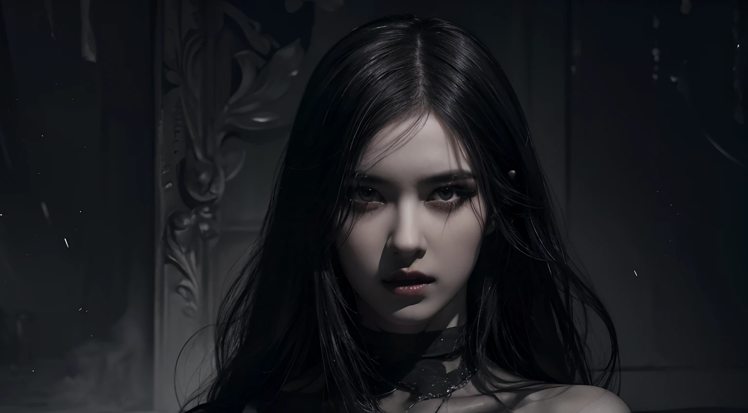 (best quality, highres:1.2), realistic, black dress, black hair, dark theme, black background, intense gaze, elegant posture, flowing dress, detailed facial features, long eyelashes, pale skin, contrast, fine details, dramatic atmosphere, gothic style, intense emotions, monochrome color palette, captivating setting, haunting beauty, artistic photography, everything is black