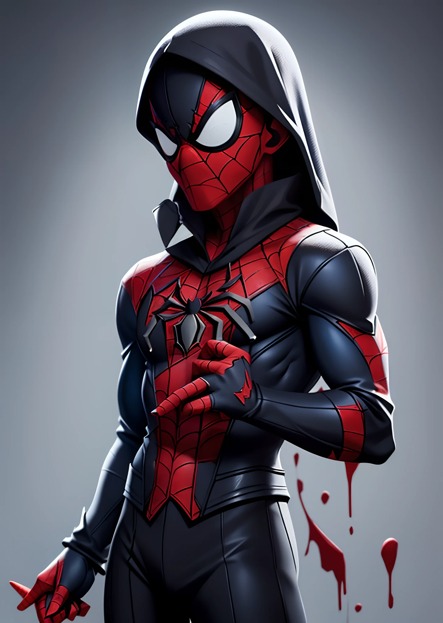 Spiderman, black and white costumed splattered with blood, broken dagger in hand, assassin, masterpiece, best quality
