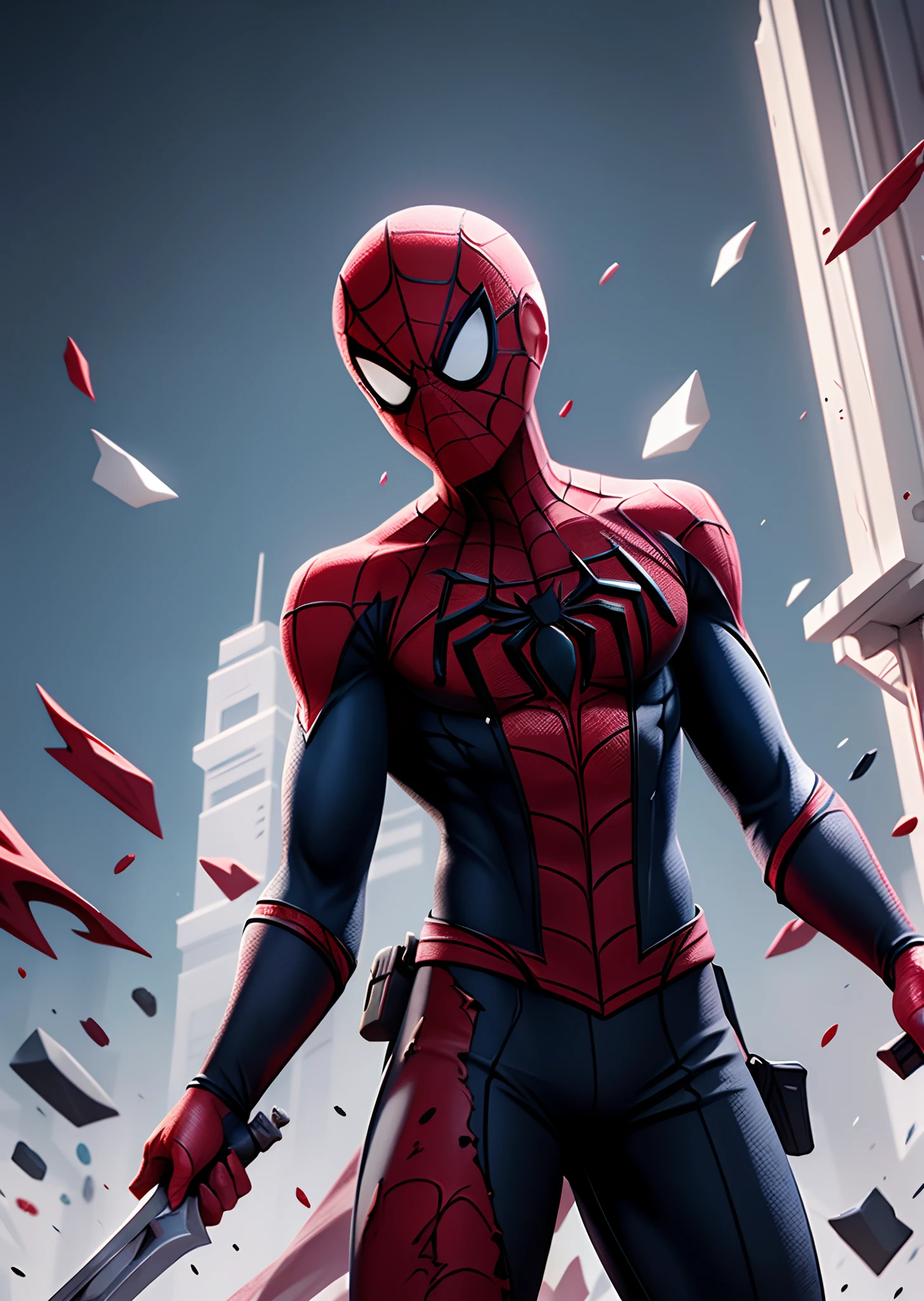 Spiderman, black and white costumed splattered with blood, broken dagger in hand, assassin, masterpiece, best quality