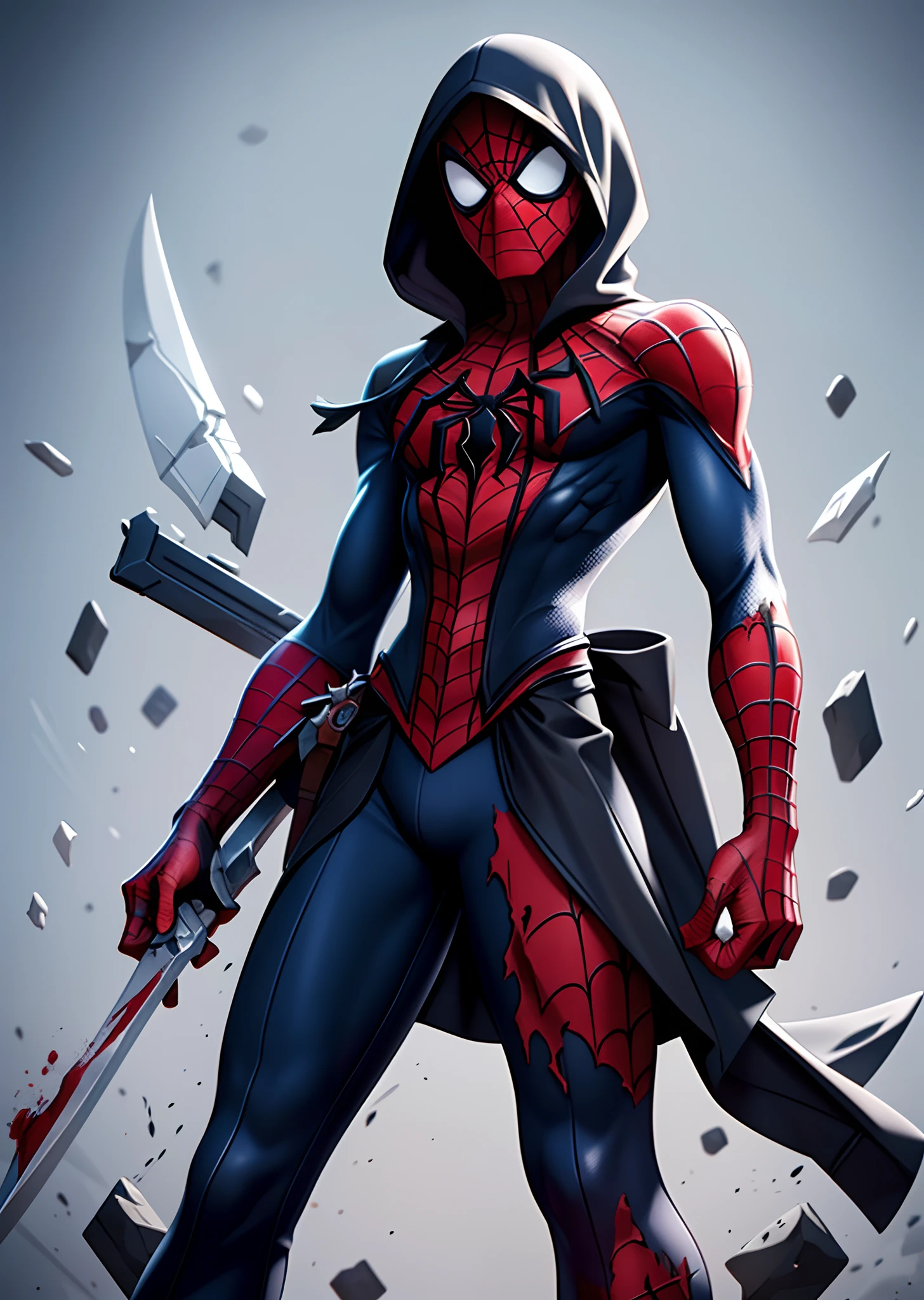 Spiderman, black and white costumed splattered with blood, broken dagger in hand, assassin, masterpiece, best quality