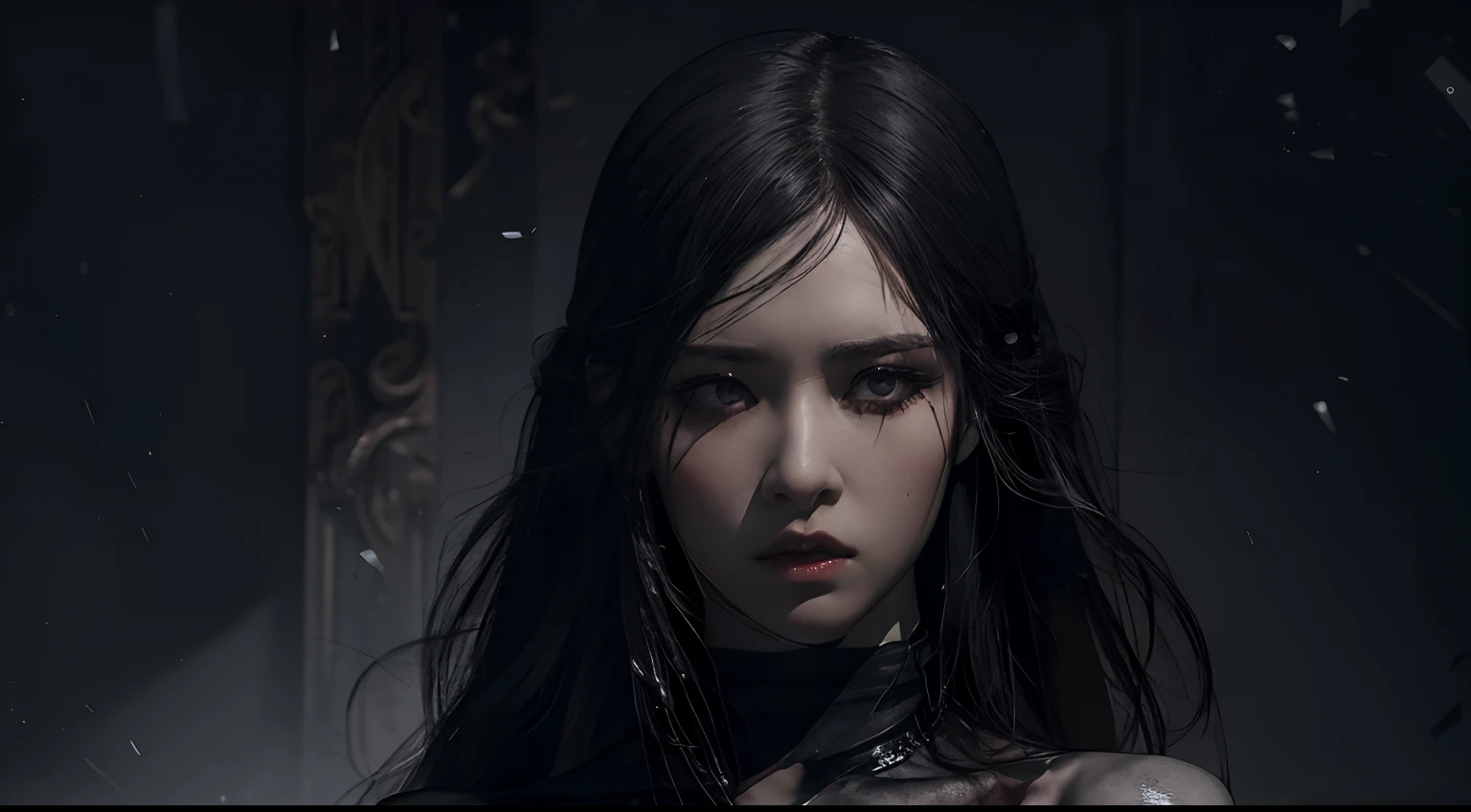 (best quality, highres:1.2), realistic, black dress, black hair, dark theme, black background, intense gaze, elegant posture, flowing dress, detailed facial features, long eyelashes, pale skin, contrast, fine details, dramatic atmosphere, gothic style, intense emotions, monochrome color palette, captivating setting, haunting beauty, artistic photography, everything is black