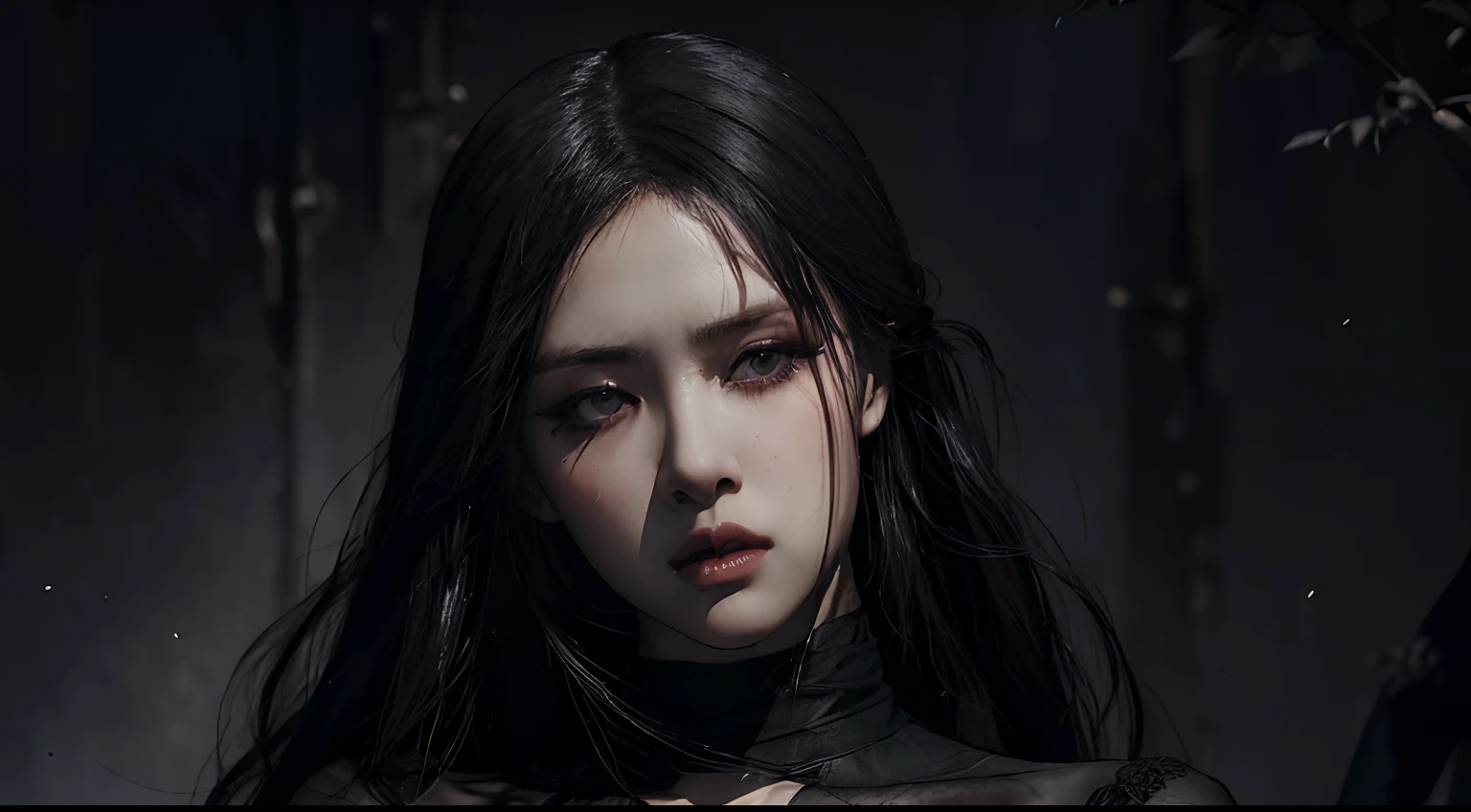 (best quality, highres:1.2), realistic, black dress, black hair, dark theme, black background, intense gaze, elegant posture, flowing dress, detailed facial features, long eyelashes, pale skin, contrast, fine details, dramatic atmosphere, gothic style, intense emotions, monochrome color palette, captivating setting, haunting beauty, artistic photography, everything is black