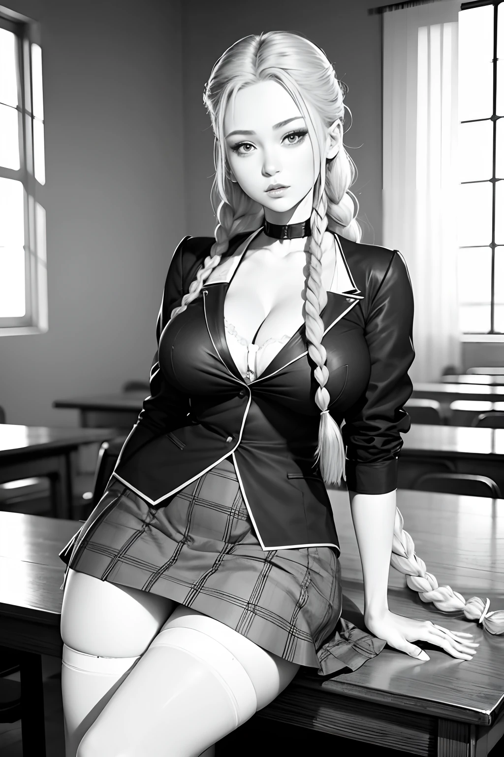 (masterpiece:1.2, best quality), 1lady, solo, 21 year old adult, manga, school uniform, classroom, day, sit, blonde, long thick twin braids,red eyes, open collarbone, darkskin, (open breasts:1.1), big tits cleavage, thigh high stockings, pussy slip, perfect pussy, pussy view, lineart, monochrome, visible,