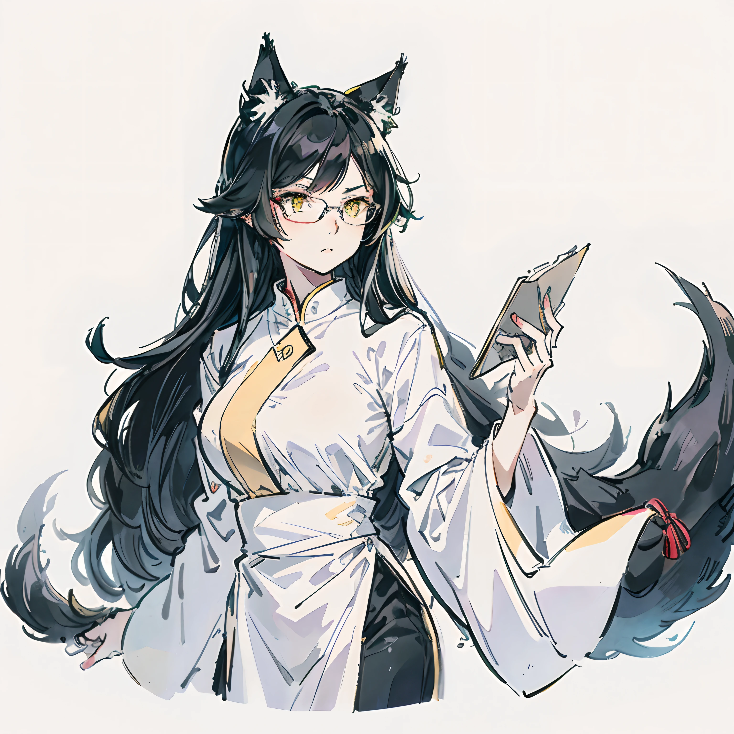 1woman, long black hair, yellow eyes, wolf ear, medium breast, quiet, flat face, glasses, white doctor's clothes, neat, elegant, wolf tail