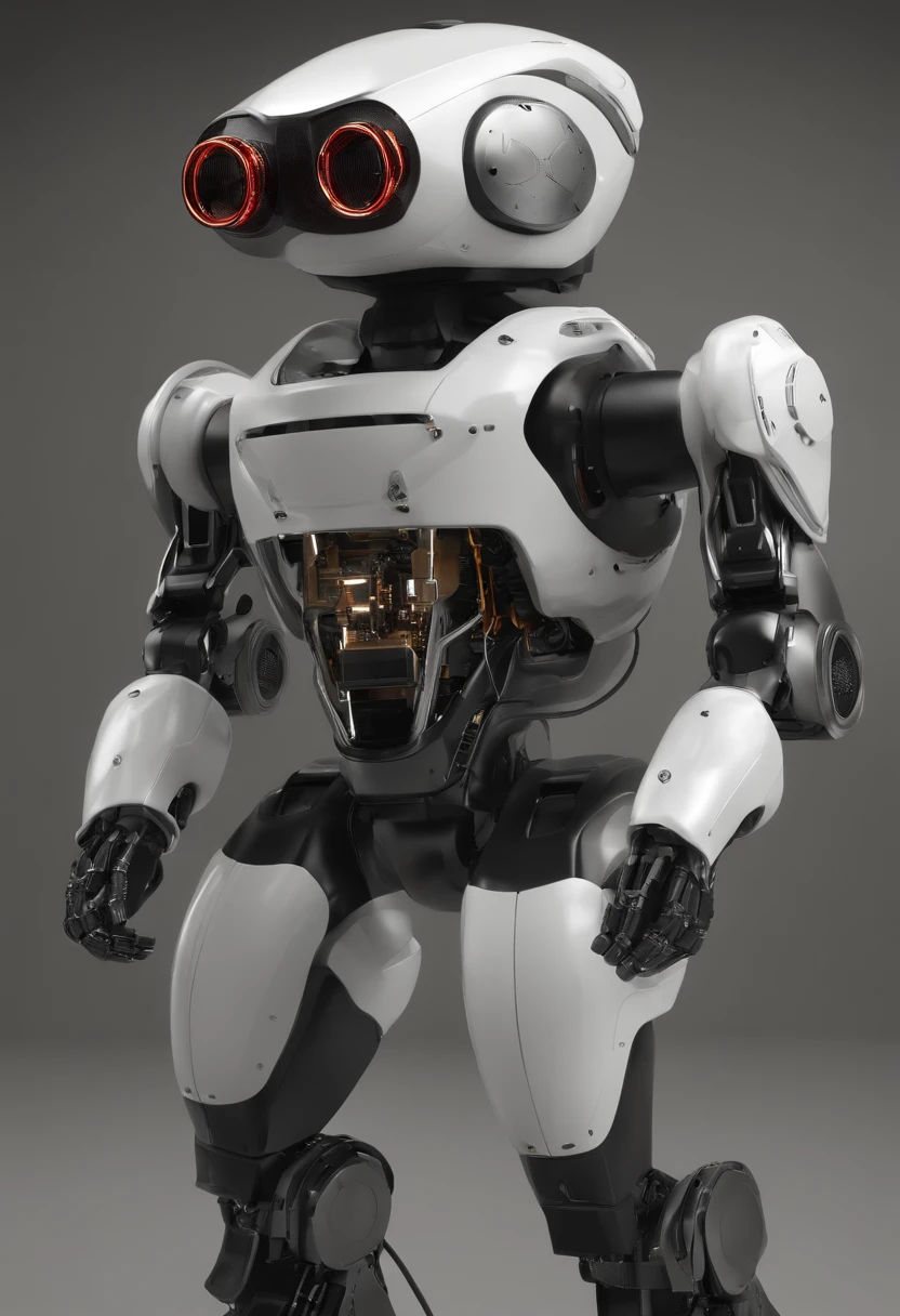 The image shows a futuristic-looking robot with a sturdy metal frame and technological details. A flecha do mouse, which is normally controlled by a human being, is pointed at the computer screen. The robot has been programmed to perform automated tasks, como clicar em diferentes locais da tela e operar o computador de forma independente.Ambient lighting highlights the robot's details, Creating a sense of power and efficiency. This image depicts the robot's ability to perform computational tasks autonomously, representing a future where artificial intelligence plays an increasingly important role in automating processes. Your mouse movements are like a machine gun