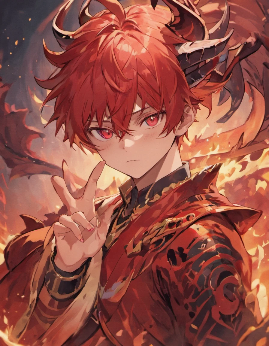 Young human male with red dragon horns and red scales on face and hands