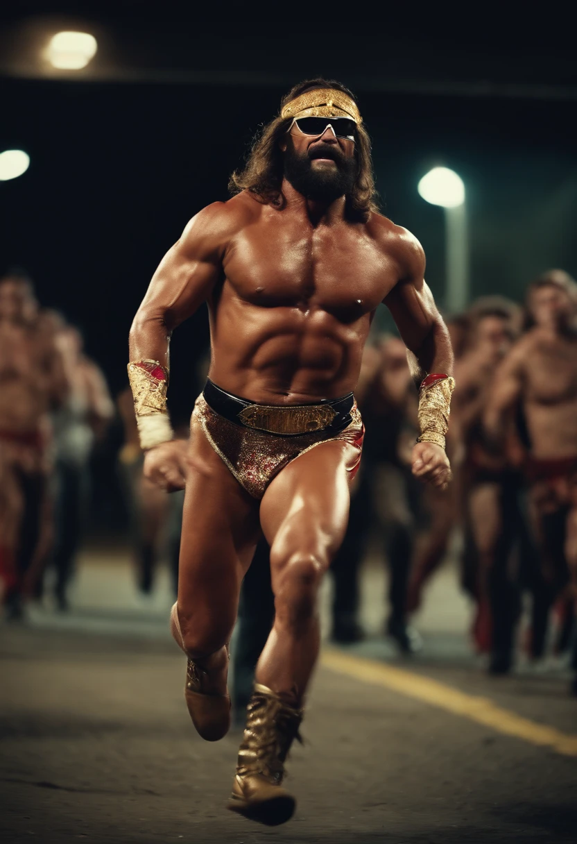 professional wrestler Macho man randy savage running from zombies