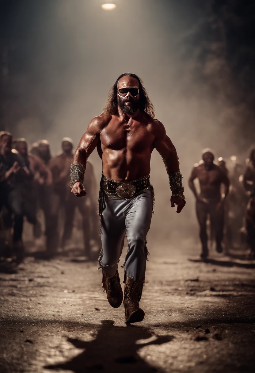 professional wrestler Macho man randy savage running from zombies