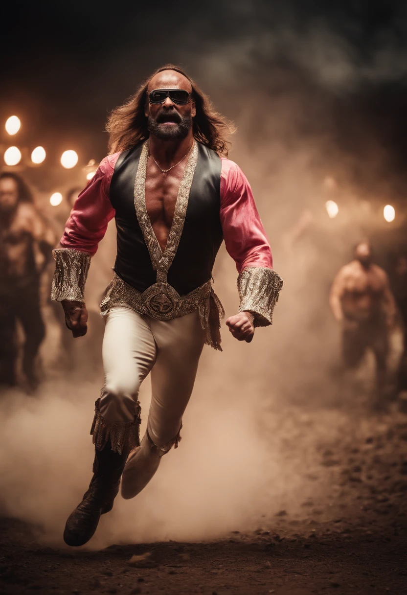 professional wrestler Macho man randy savage running from zombies