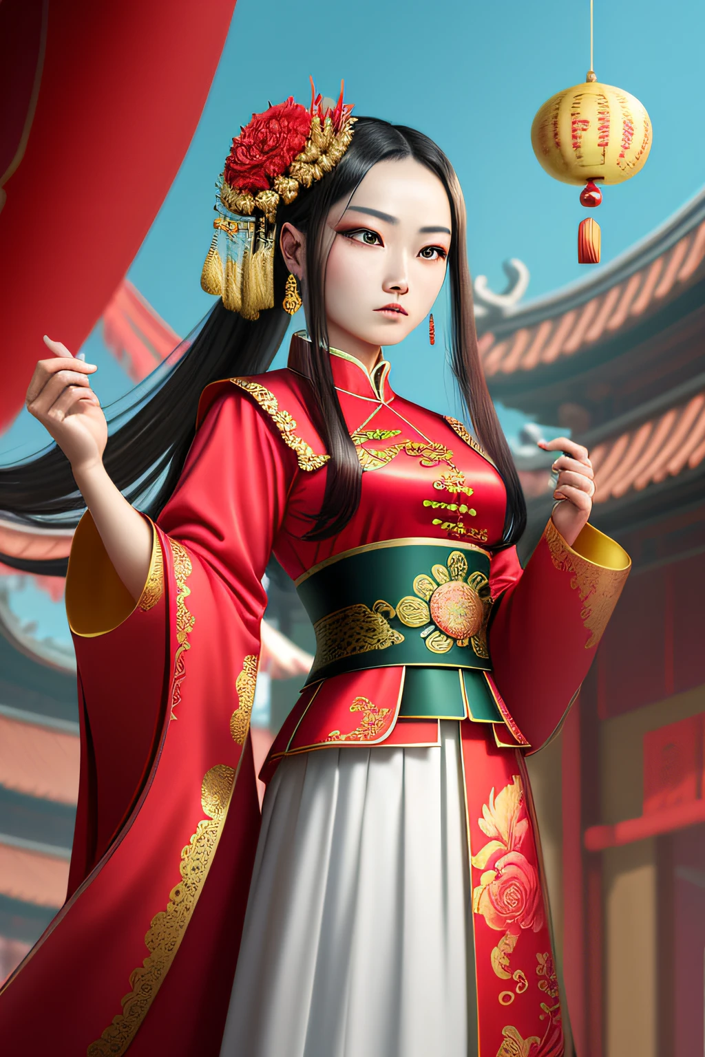 China-style，Chinese drama，Peking Opera costumes，Traje de Guan Yu，Drama Facebook，Cor vermelha，中景 the scene is，super-fino，Ultra - Detalhado，alta qulidade，8k ，Focalize nitidamente os olhos，VFX surreal altamente detalhado，oc renderizado， - AR 16:9 --q 2 --s 1000