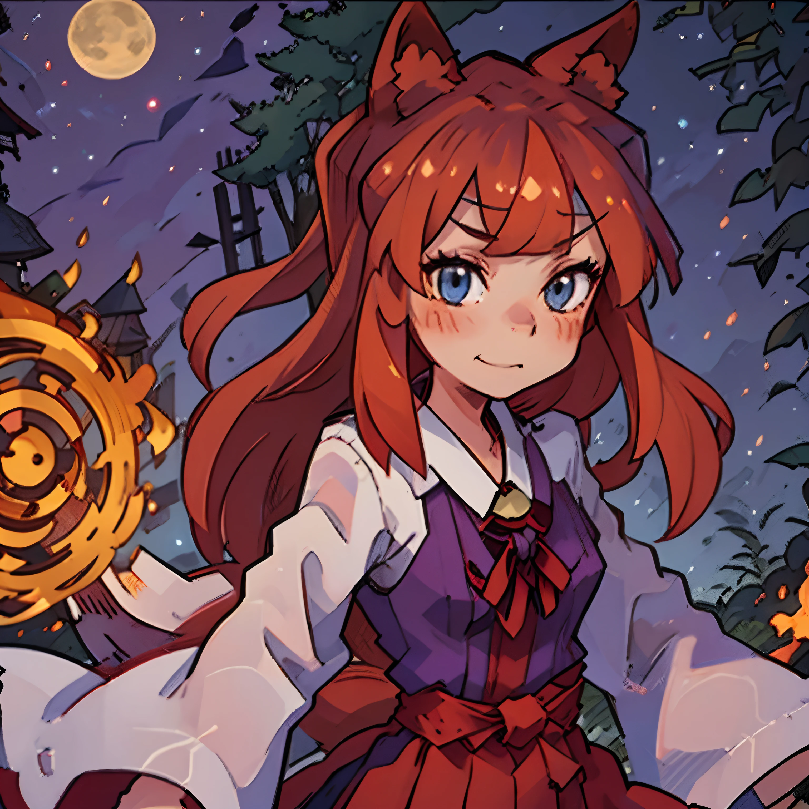 Low and dutch angle 45°, solo woman, kitsune woman (red skin), ( blue eyes), fox ears (red ears), long hair, inner hair, (red hair), fox tail (red tail), fluffy tail, plush tail, shy face, light smile, dress skirt (purple and black cloth), night, moonlight, forest, river, anime style, 8K, HDR, CGI animation, outlined with markers, markers outlines, hight contrast, highly detailed face, highly detailed eyes, professional lineart, professional draw, professional paint,