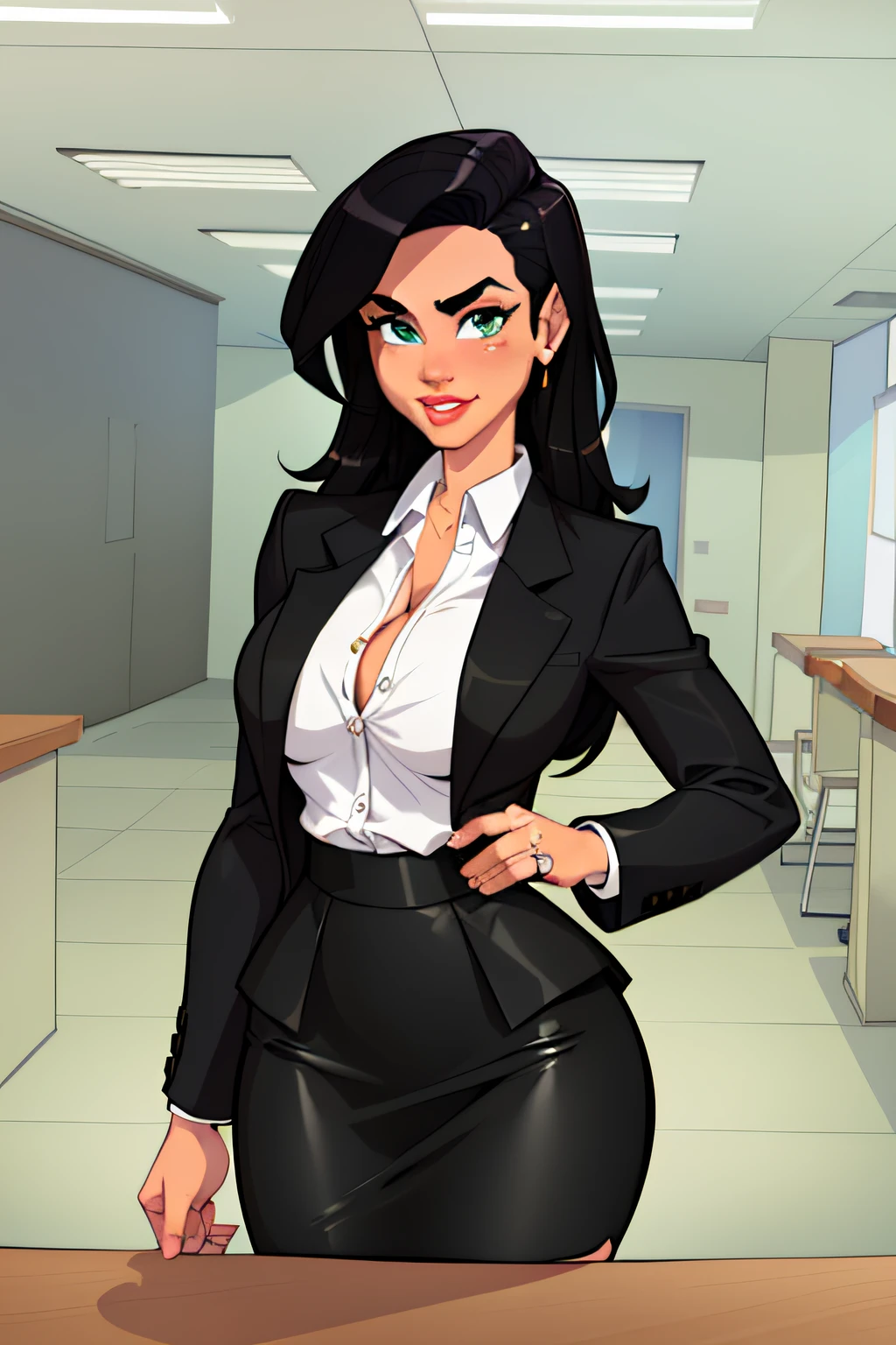 (office, gorgeous view) (cowboy shot), sfw, (masterpiece), (best quality:1.0), (ultra highres:1.0), detailed eyes, detailed clothing texture, beautiful face, solo, tan olive skin, green eyes, black hair (black blazer, white shirt, pencil skirt)