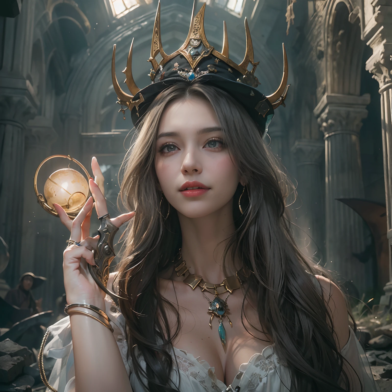 (Numerous award-winning masterpieces, with incredible detail, textures and maximum detail), (hyper realistic:1.4), (realistic:1.3), (upper body up:0.4), (best quality real texture skin), ((medieval world)), finely detailed eyes, finely detailed face, (((witch's old black hat))), (Slim witch in white), (Slim female wizard in white), (Slim witch in black), (slim female wizard in black), Gentle eyes, ((perfect and beautiful fingers)), ((perfect and beautiful arms)), (She has a mischievous smile on her face:1.4), Friendly and girlish face, (The devil dances overhead), Glass earrings on the ears, (dramatic photo:1.6), Shining majestic lightning storm cloud mass and sky, halo optical phenomenon, Anti-Sacred Light, twilight, sunset, dusk, (Dramatic Light), (A majestic sight), (Her expression is calm gentle and very beautiful but somehow scary), (Noble posture), (golden hair, silver hair, chestnut hair), ((Full-length portrait)), ((looks up)), ((looking down)), (full-body standing image:1.5), (Around her neck is a simple necklace with wicked but elaborate workmanship), Altar of Purgatory, Old ruins infested with plants, The Great Temple of the Devil, great cathedral, The Devil's Grand Shrine, temple ruins, detached temple, magic circle, Ruins of an ancient castle, Deserted ruins, crumbling ruins, Ancient ruins with clear water, wavelets, running water,