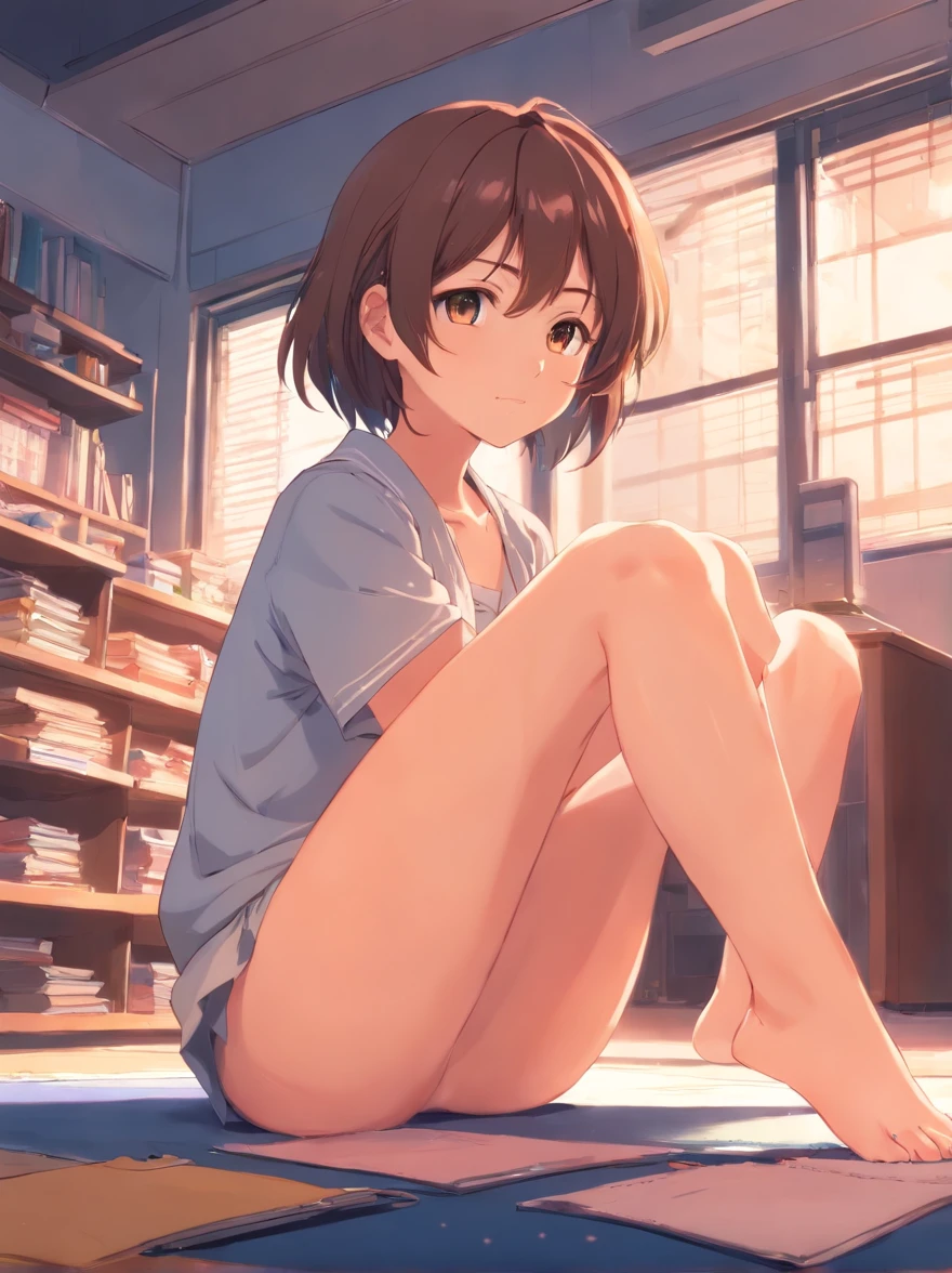 Anime girl sitting on the floor in a room with books - SeaArt AI