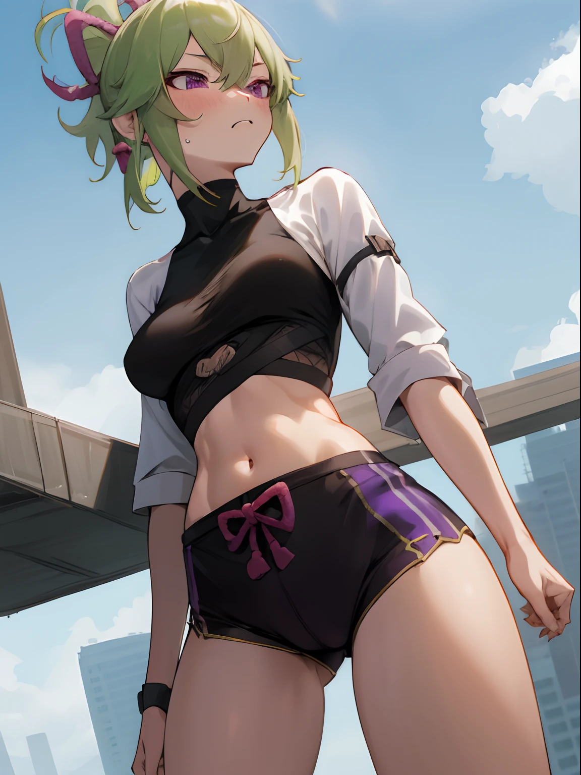 Kuki shinobu, Masterpiece, perfect face, best quality, highest quality, perfect face, beautiful girl, kuki genshin impact, giantess woman , light green hair, sporty, fit, low angle, purple eyes, looking down at viewer, giantess, anime giantess, hot, sexy, beautiful girl, leaning down, large breasts, bulging chest, flushed, embarrassed, giantess, long legs, growing, outdoors, sky in background, chest growth, low angle, tight shorts, thighs bulging, very low angle, growing larger, giantess growth, cowboy shot, leaning down, leaning towards viewer, growing larger, growth, wide hips, thick thighs, meaty thighs, embarrassment, flushed face, kuki shinobu, detailed outfit, soft lighting, sharp eyes, high ponytail, toned stomach, 4K, short black shorts, gold on shorts, pink bow on shorts, turtleneck crop top, mesh section on crop top, large ribbon in ponytail