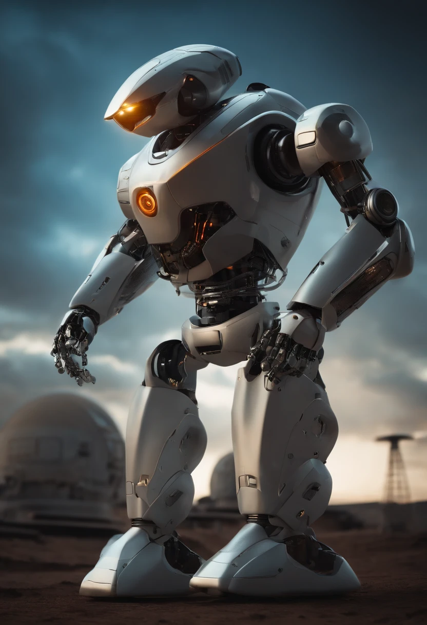 The image shows a futuristic-looking robot with a sturdy metal frame and technological details. A mouse pointer indicating automation and working alone without human interference sending messages
