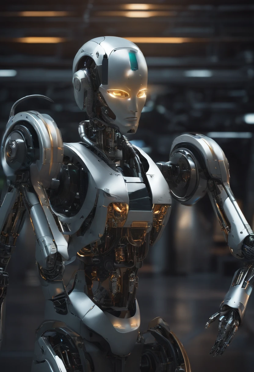 The image shows a futuristic-looking robot with a sturdy metal frame and technological details. A mouse pointer indicating automation and working alone without human interference sending messages