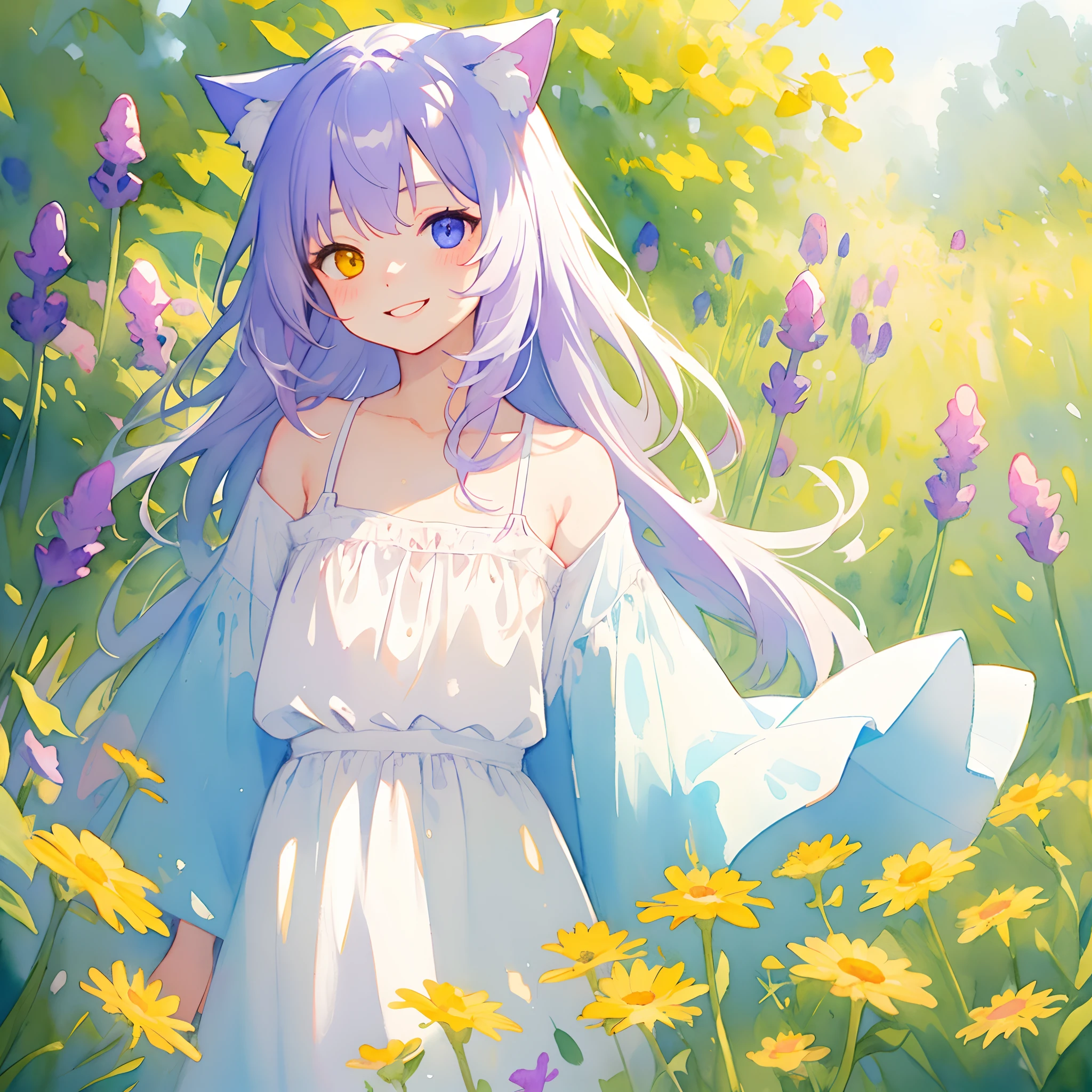 ((solo young catgirl)), lavender hair, nekomimi, simple plain background, relaxed, innocent smile, flowing hair, flowers, leaves, white light sundress, masterpiece, heterochromia, polychromia, (light background), (pastel colors), (muted colors), glow, soft, in the style of a watercolor painting, head tilt, perfect front illumination, depth of field