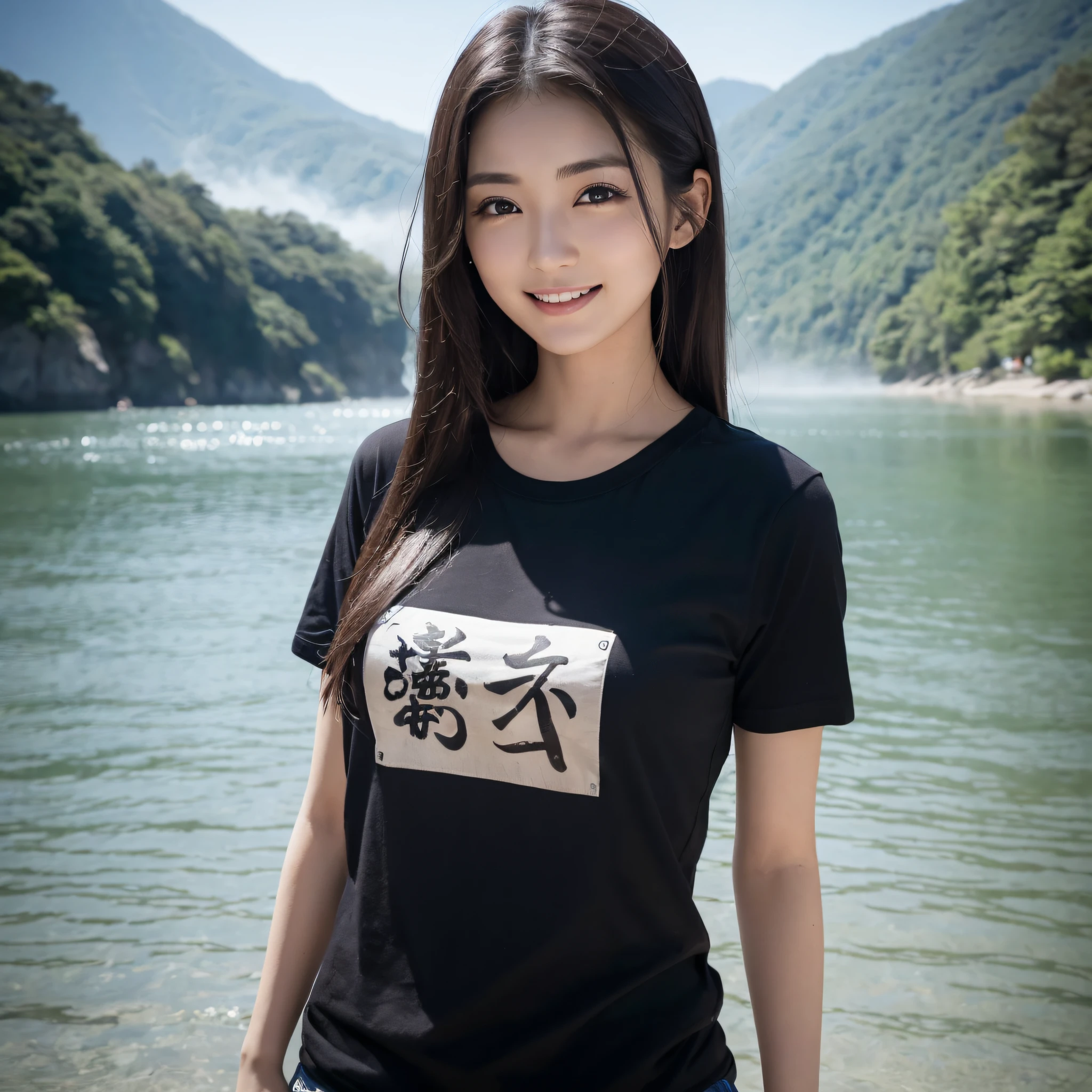 One beauty、((best qualtiy、8k masterpieces:1.3))、foco nítido:1.2、(ultra beautiful faces:1.0)、(shinny skin:1.0)、photos realistic、A dark-haired、Video Lighting、High-definition eyes and face、Video Lighting、25-year-old Japan actress、from the front side、medium breasts、Smile、Slender Abs Beauty、Whole body、Wearing a T-shirt with Japan kanji written on it、On the shores of the lake of fog