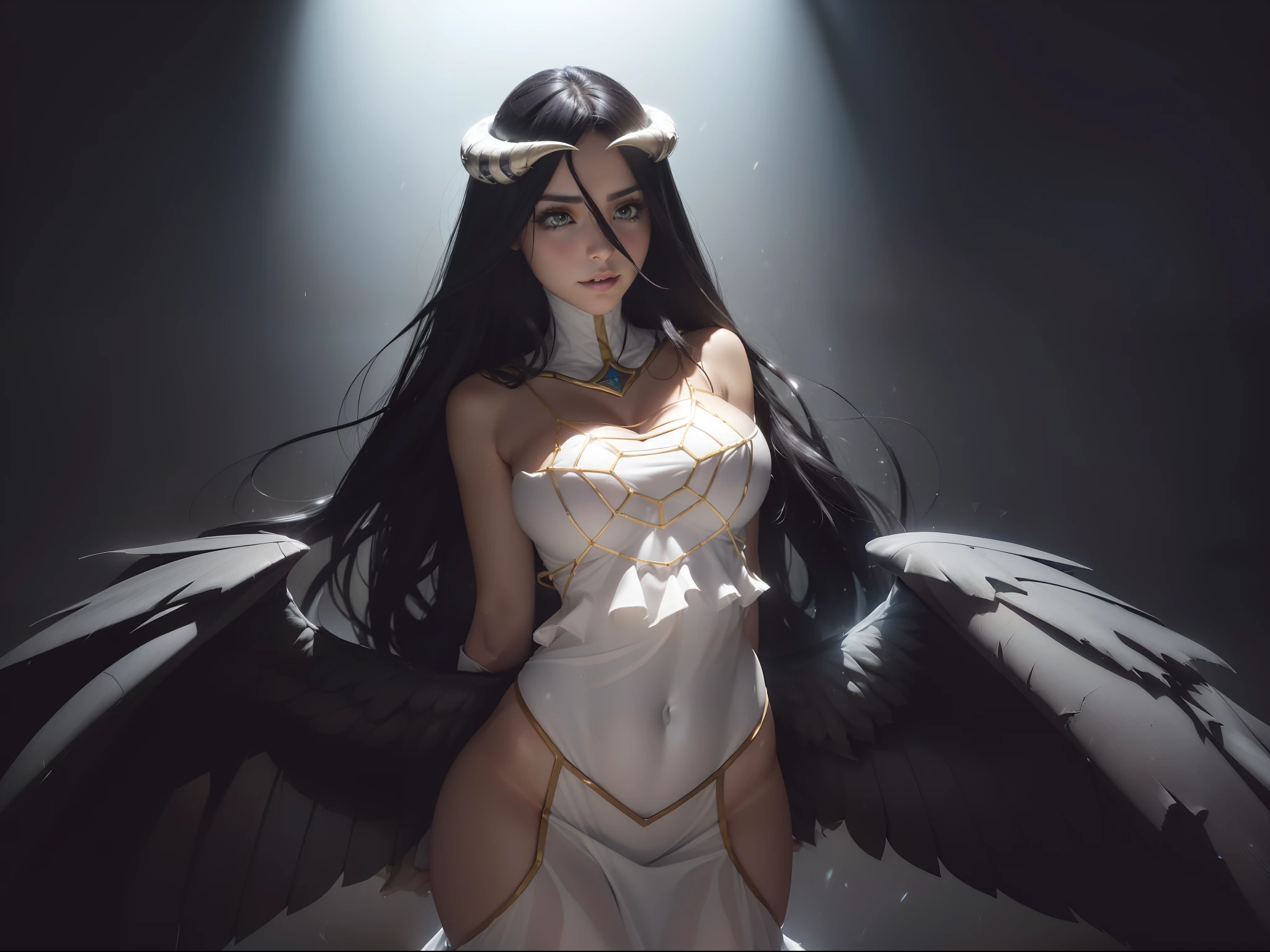 (((albedo)))8k,((overlord))(((Amazing tits)))caliente, hermosa,((Hornie)),(((viste un vestido blanco )))((tiene cuernos)))8k, hiperrealista todo como un motor irreal trazado de rayos render ((estilo humano hiperealista)),(((Empty dark background))). hiperrealista todo como un motor irreal trazado de rayos render estilo humano realista ,(((Empty dark background)))., Suavemente iluminado, Intimo exquisito detalle, foco nítido, intrincadamente detallado, rewarded photography, small-catchlight, bajo contraste, alta nitidez, facial-symmetry, profundidad de campo, cinematic background, Renderizado del motor irreal, Imagen central, dream-like, Suavemente iluminado, intimo, imagen de cuerpo completo ,cuerpo completo,((tetona)),((piernas torneadas)) perfect ass ecchi, hdri