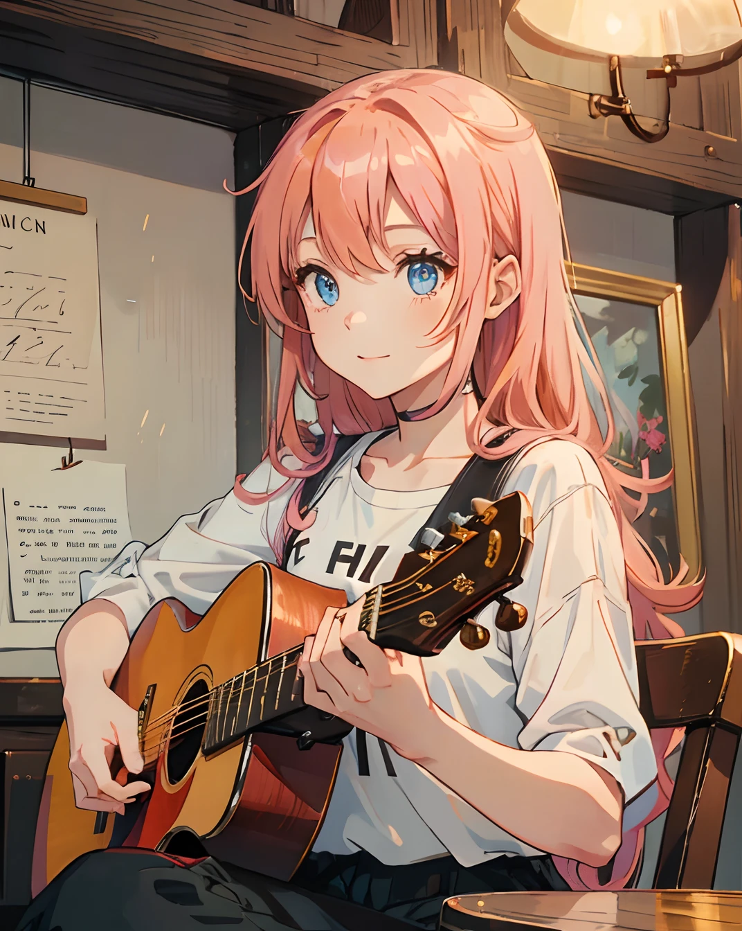 A young girl with long orange-pink hair and blue eyes playing an acoustic guitar. She is singing and she is happy.