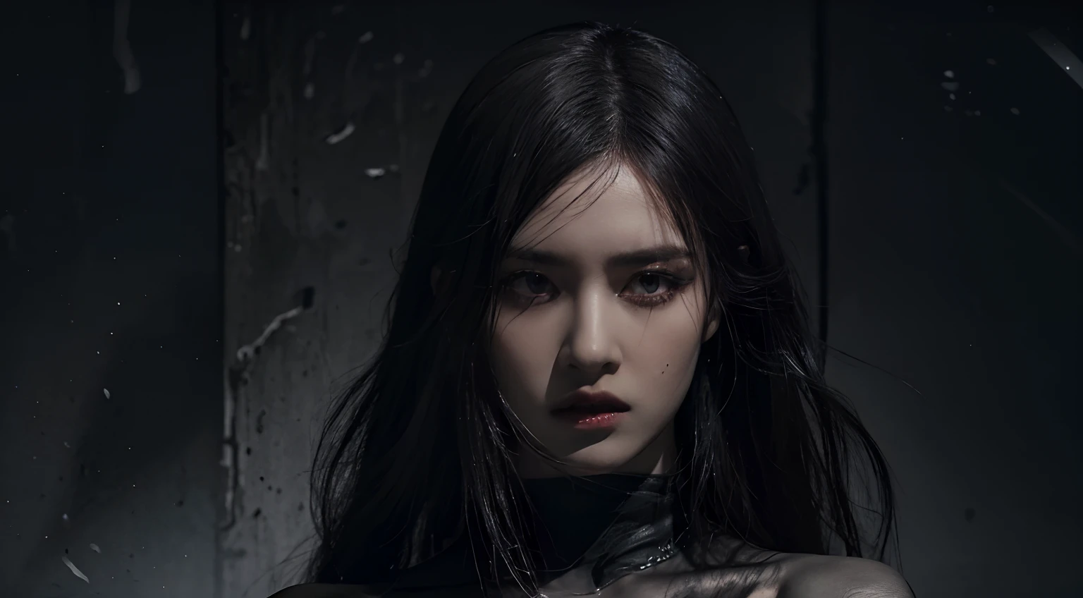 (best quality, highres:1.2), realistic, black dress, black hair, dark theme, black background, intense gaze, elegant posture, flowing dress, detailed facial features, long eyelashes, pale skin, contrast, fine details, dramatic atmosphere, gothic style, intense emotions, monochrome color palette, captivating setting, haunting beauty, artistic photography, everything is black