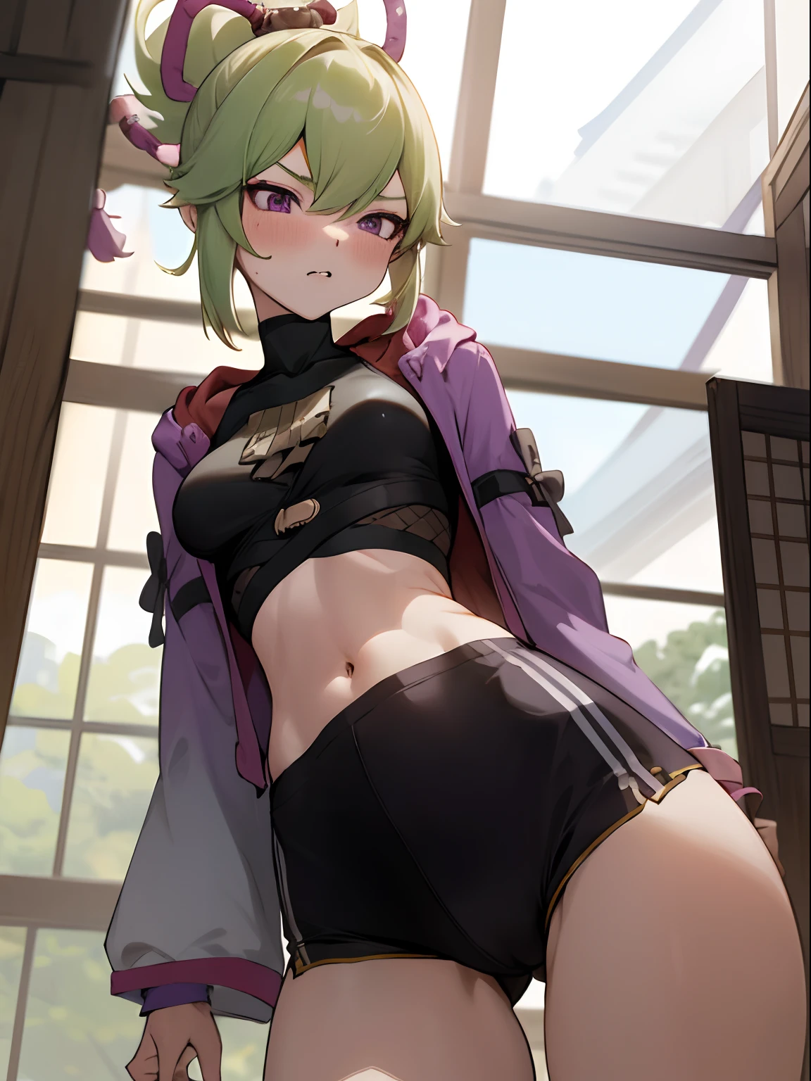 Kuki shinobu, Masterpiece, perfect face, best quality, highest quality, perfect face, beautiful girl, kuki genshin impact, giantess woman , light green hair, sporty, fit, low angle, purple eyes, looking down at viewer, giantess, anime giantess, hot, sexy, beautiful girl, leaning down, large breasts, bulging chest, flushed, embarrassed, giantess, long legs, growing, outdoors, sky in background, chest growth, low angle, tight shorts, thighs bulging, very low angle, growing larger, giantess growth, cowboy shot, leaning down, leaning towards viewer, growing larger, growth, wide hips, thick thighs, meaty thighs, embarrassment, flushed face, kuki shinobu, detailed outfit, soft lighting, sharp eyes, high ponytail, toned stomach, 4K, short black shorts, gold on shorts, pink bow on shorts, turtleneck crop top, mesh section on crop top, large ribbon in ponytail, indoors, wearing jacket, crop jacket, dark purple crop jacket, hood on jacket, Japanese fashion, ninja, inside japanese room, giantess indoors, viewed from below, low angle drawing, low angle shot, camel toe
