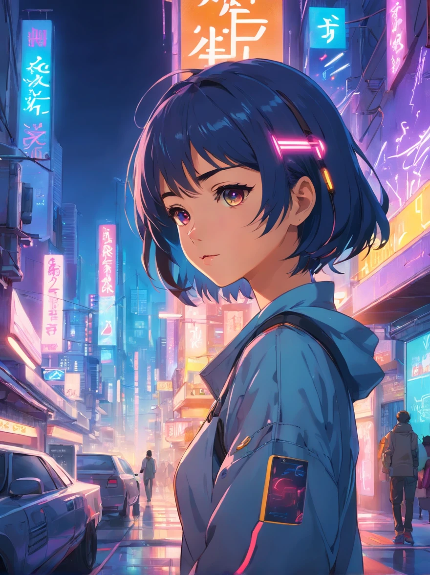"Cyberpunk-inspired immersion, Um mundo de luzes neon, Let yourself be mesmerized by the surreal spectacle of planets dominating the skies, Cheio de arte digital cativante."