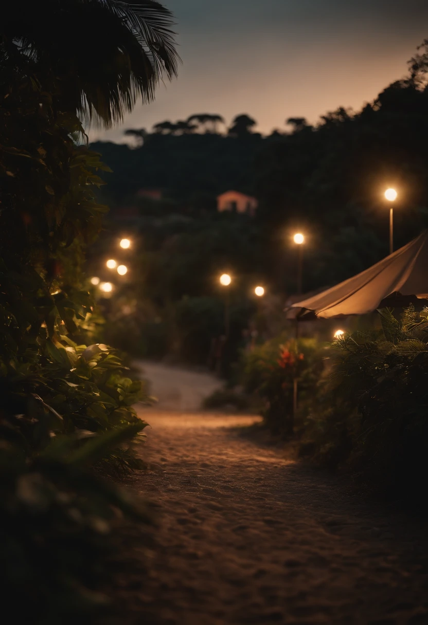 Tropical forest with a small Italian village at sunset with warm lights and a tropical beach in the distance, cobble road, small  Italian restaurants