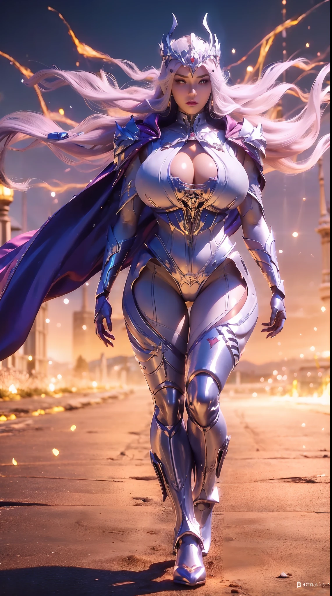 (1GIRL, SOLO:1.7), (DRAGON QUEEN HELM), (HUGE FAKE BOOBS:1.2), (WHITE, GOLD, PURPLE), (EMPTY CITY BACKGROUND), (FUTURISTIC PHOENIX MECHA BODYSUIT, CLEAVAGE, ROYAL CAPE:1.3), (SKINTIGHT YOGA PANTS, HIGH HEELS:1.2), (BUSTY BODY, MUSCLE ABS, FULL BODY VIEW:1.4), (LOOKING AT VIEWER), (WALKING DOWN:1.3), ULTRA HIGHT DETAIL, 8K, 1080P.
