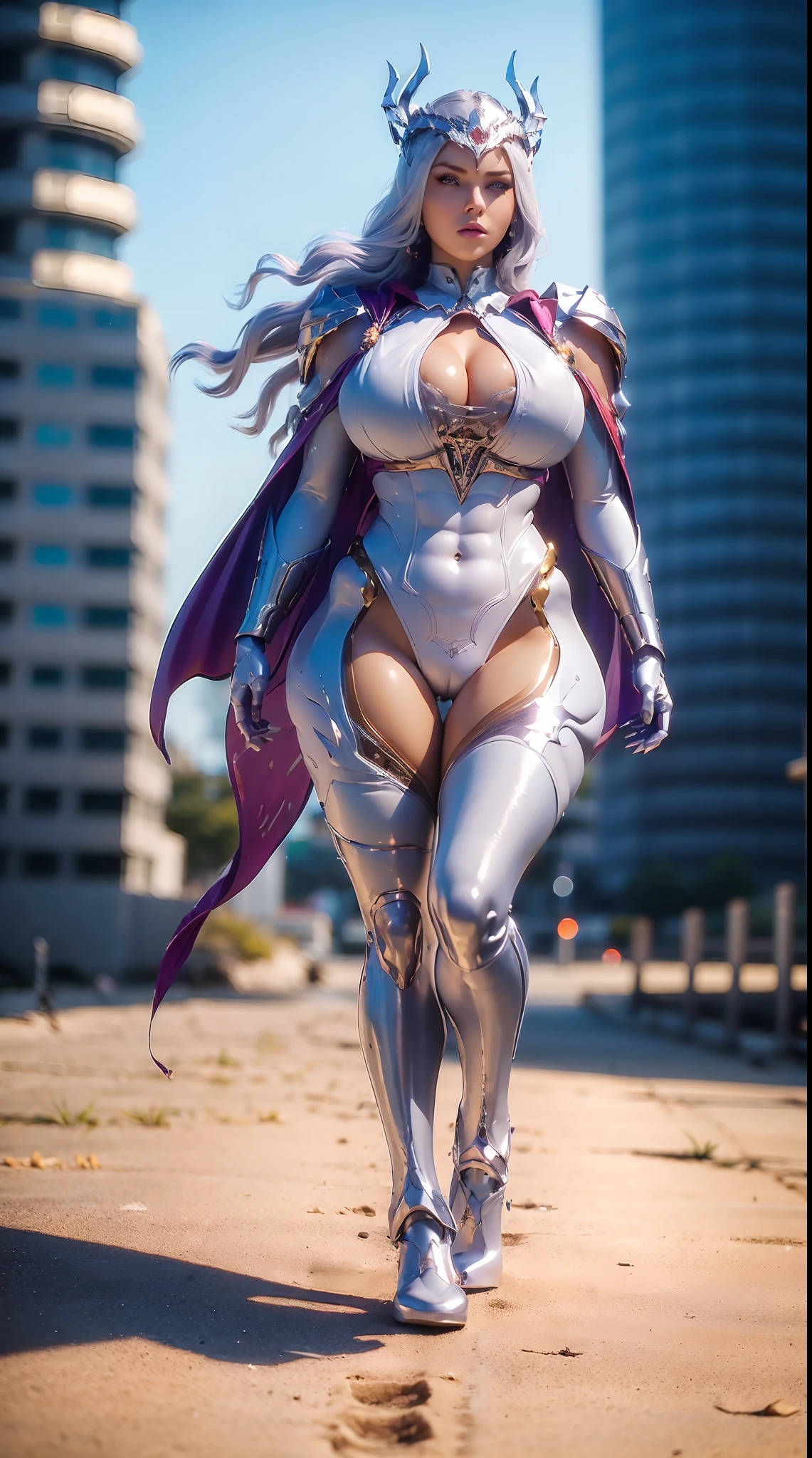 (1GIRL, SOLO:1.7), (DRAGON QUEEN HELM), (HUGE FAKE BOOBS:1.2), (WHITE, GOLD, PURPLE), (EMPTY CITY BACKGROUND), (FUTURISTIC PHOENIX MECHA BODYSUIT, CLEAVAGE, ROYAL CAPE:1.3), (SKINTIGHT YOGA PANTS, HIGH HEELS:1.2), (BUSTY BODY, MUSCLE ABS, FULL BODY VIEW:1.4), (LOOKING AT VIEWER), (WALKING DOWN:1.3), ULTRA HIGHT DETAIL, 8K, 1080P.