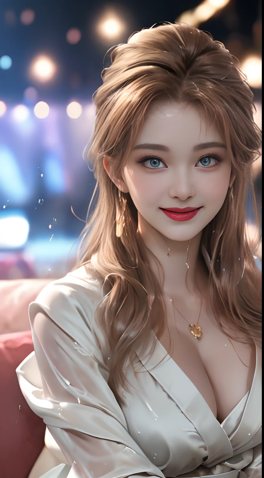 (top quality, 4K, best masterpiece, : 1.3), beauty, ultra-realistic, 1 woman 20 years old, (large), (Attractive slender body))), toned waist, amber-colored hair, (Wet body: 1.1, Wet body: 1.2), fine face, fine lips, fine eyes, double eyelids, sexy low neck gown, large exposed breasts emphasis, big buttocks, open chin, Cleavage, fresh full cute smile with mouth open to show white teeth, cleavage, pointed breasts, side pose, visible curves, party floor, dance floor, party sofa, lying with friends, light robe